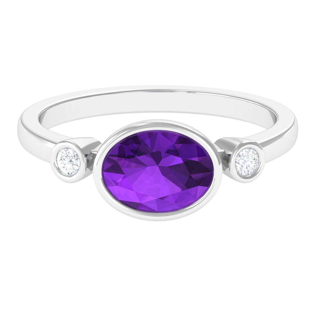 Bezel Set Oval Amethyst Solitaire East West Ring with Diamond Amethyst - ( AAA ) - Quality - Rosec Jewels