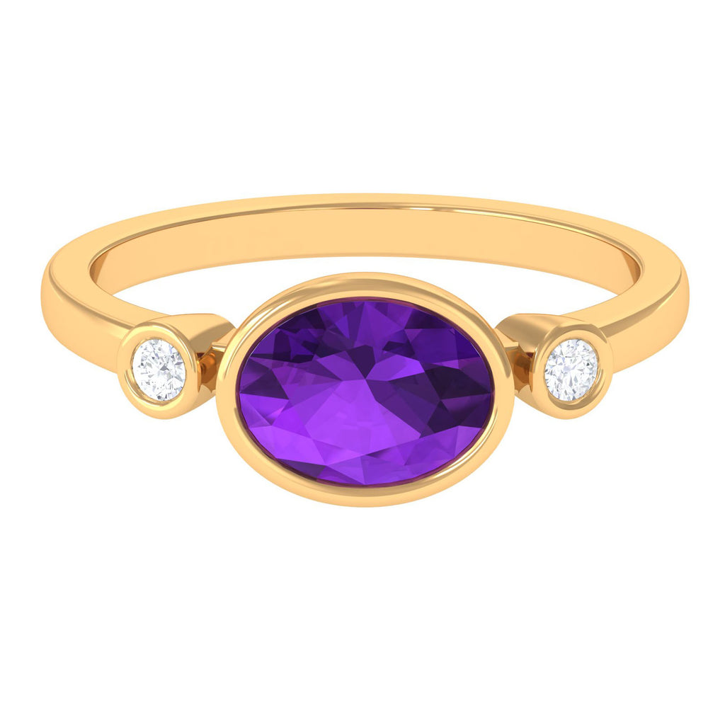 Bezel Set Oval Amethyst Solitaire East West Ring with Diamond Amethyst - ( AAA ) - Quality - Rosec Jewels