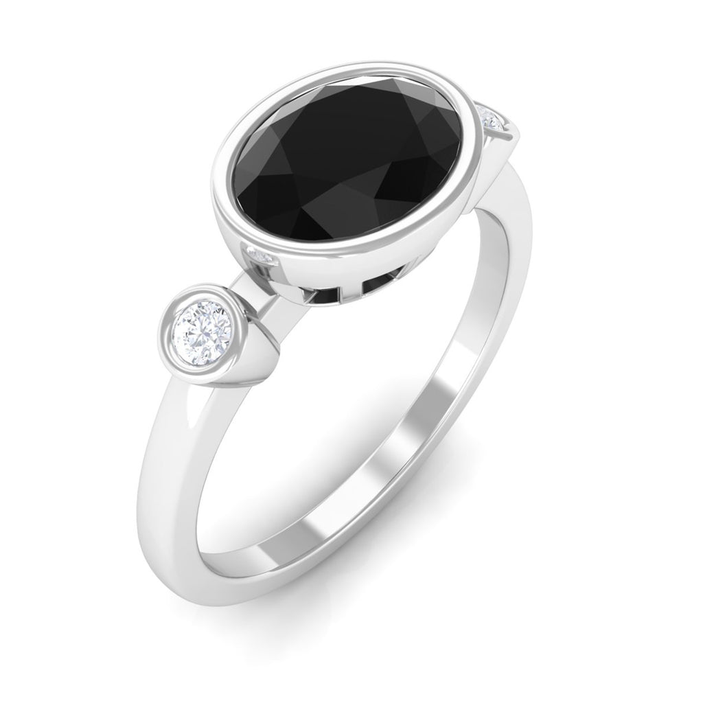 Oval Cut Solitaire Black Spinel East West Ring with Diamond Black Spinel - ( AAA ) - Quality - Rosec Jewels