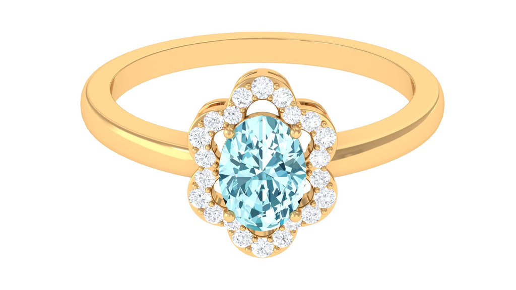 1.25 CT Oval Aquamarine Cocktail Engagement Ring with Diamond Floral Halo Aquamarine - ( AAA ) - Quality - Rosec Jewels
