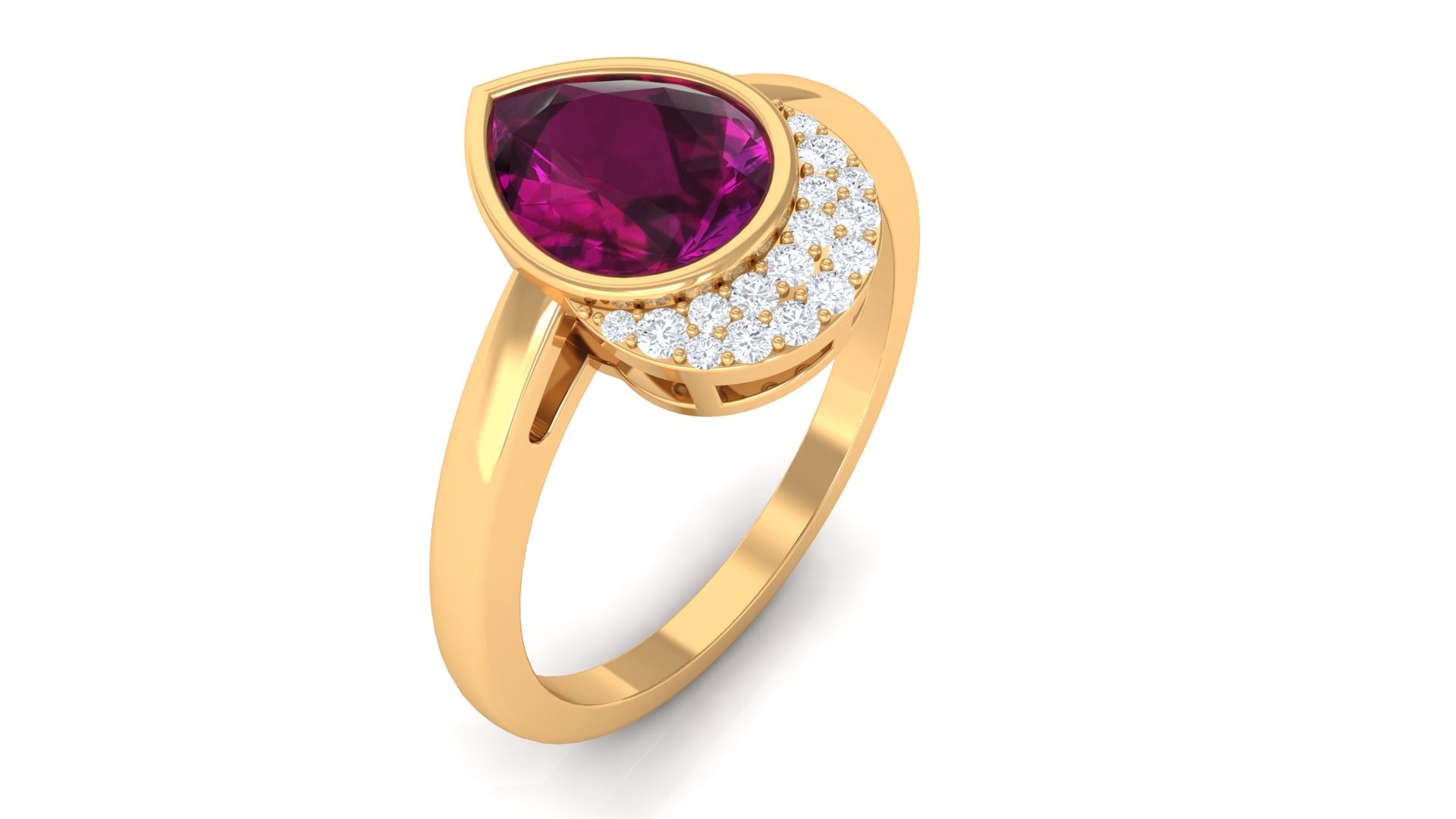 Bezel Set Rhodolite Teardrop Cocktail Ring with Diamond Accent Rhodolite - ( AAA ) - Quality - Rosec Jewels