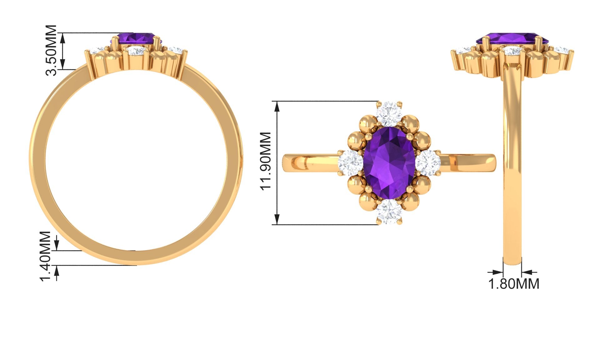Oval Amethyst and Diamond Cocktail Ring with Beads Amethyst - ( AAA ) - Quality - Rosec Jewels