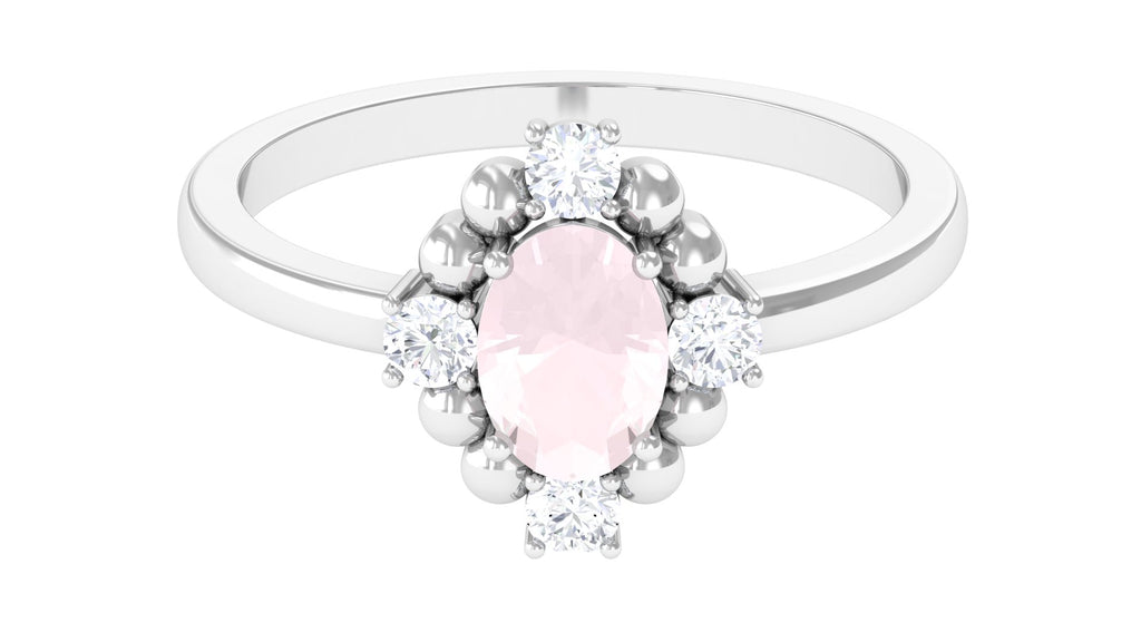 Oval Rose Quartz Cocktail Ring with Diamond Rose Quartz - ( AAA ) - Quality - Rosec Jewels