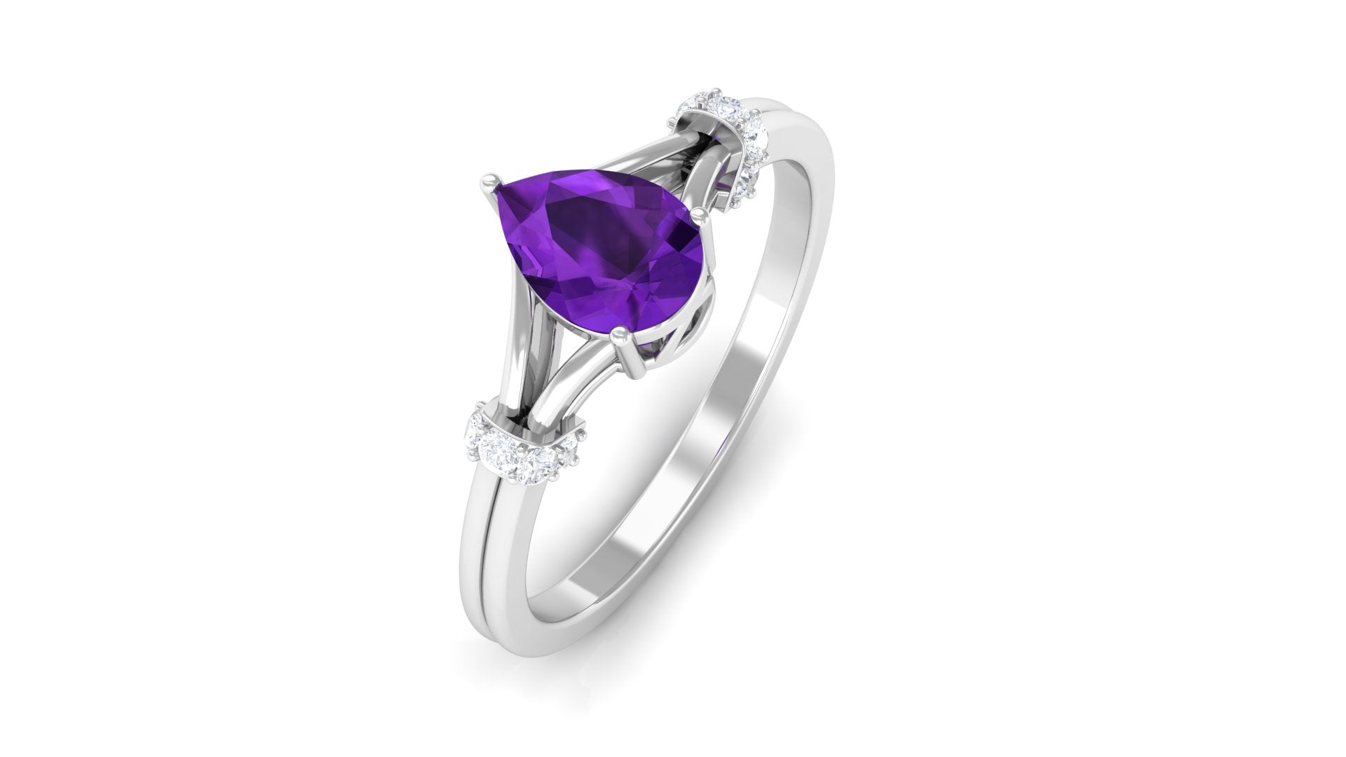 Pear Cut Amethyst Solitaire Ring with Diamond in Split Shank Amethyst - ( AAA ) - Quality - Rosec Jewels