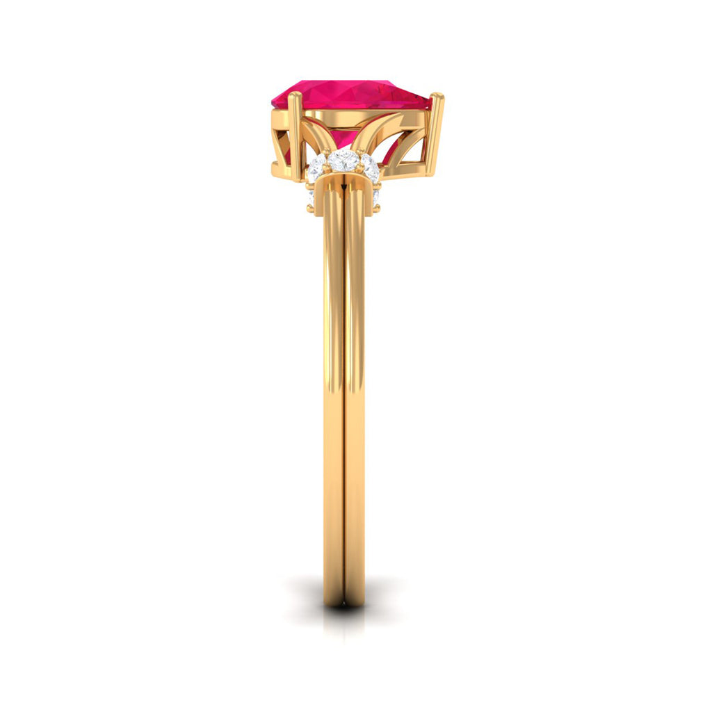 Pear Ruby Solitaire Ring with Diamond in Split Shank Ruby - ( AAA ) - Quality - Rosec Jewels