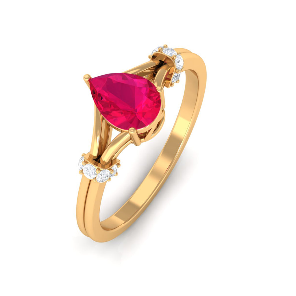 Pear Ruby Solitaire Ring with Diamond in Split Shank Ruby - ( AAA ) - Quality - Rosec Jewels