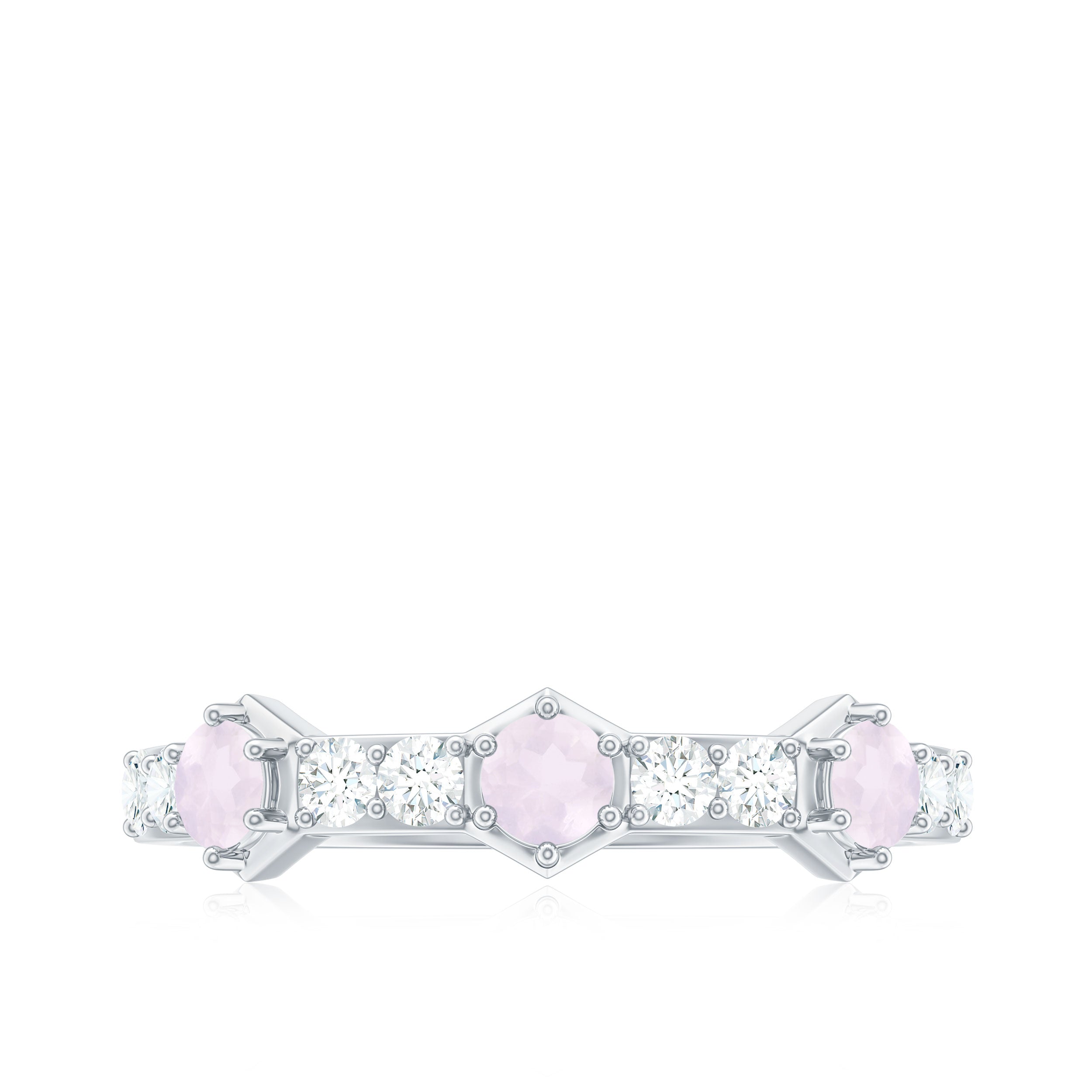 Minimal Half Eternity Ring with Rose Quartz and Diamond Rose Quartz - ( AAA ) - Quality - Rosec Jewels