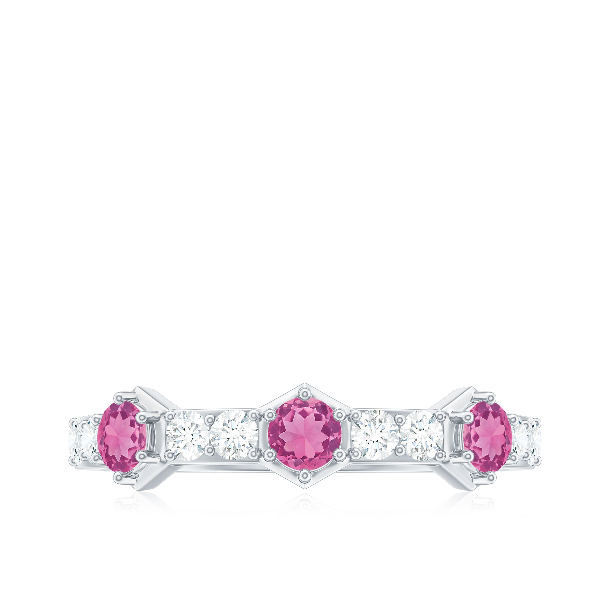 Minimal Half Eternity Ring with Pink Tourmaline and Diamond Pink Tourmaline - ( AAA ) - Quality - Rosec Jewels