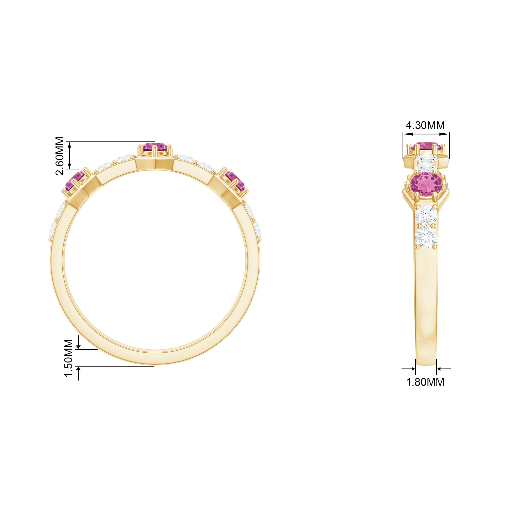 Minimal Half Eternity Ring with Pink Tourmaline and Diamond Pink Tourmaline - ( AAA ) - Quality - Rosec Jewels