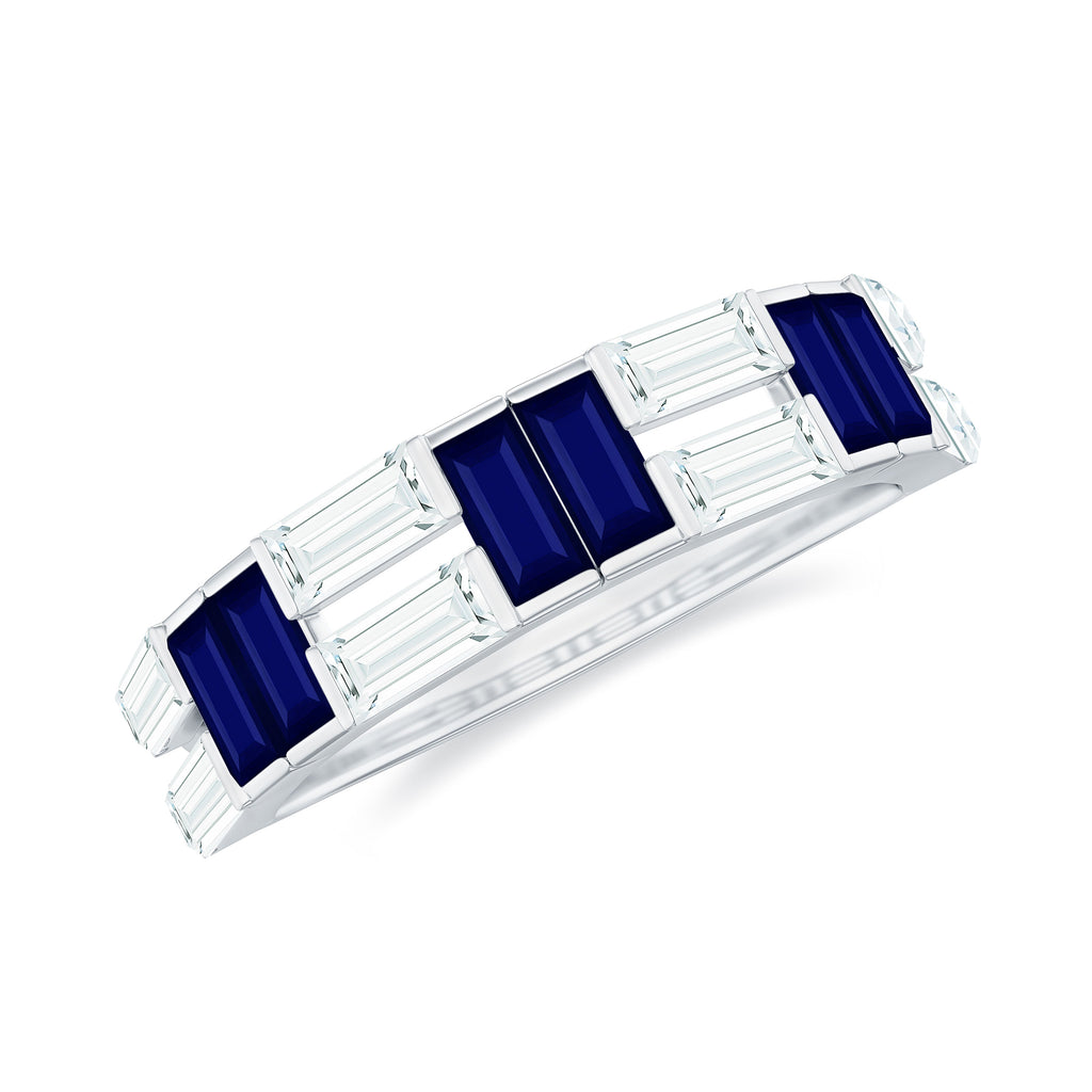 Baguette Cut Blue Sapphire and Moissanite Half Eternity Ring - Rosec Jewels