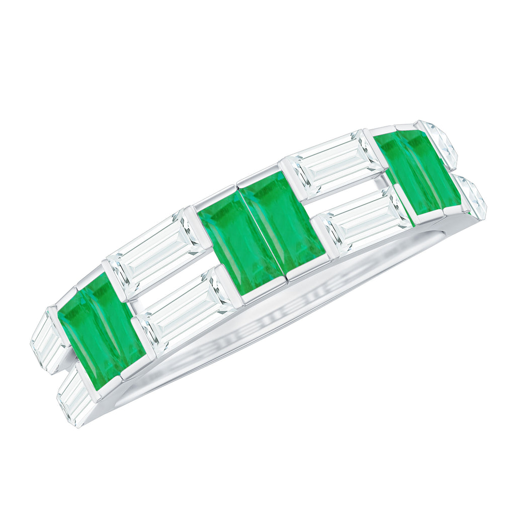 Baguette Cut Emerald and Moissanite Half Eternity Ring Emerald - ( AAA ) - Quality - Rosec Jewels