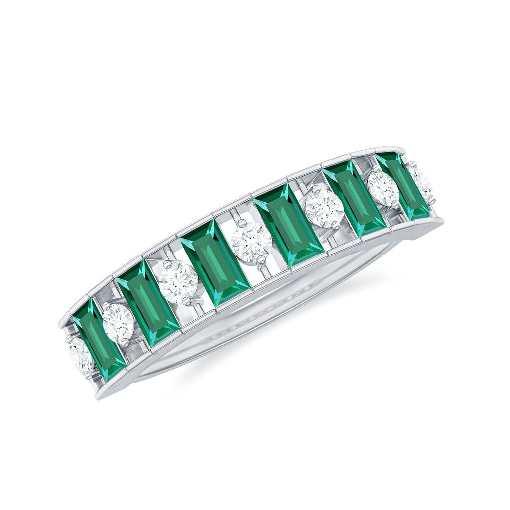 Baguette Cut Created Emerald Classic Half Eternity Ring with Diamond - Rosec Jewels