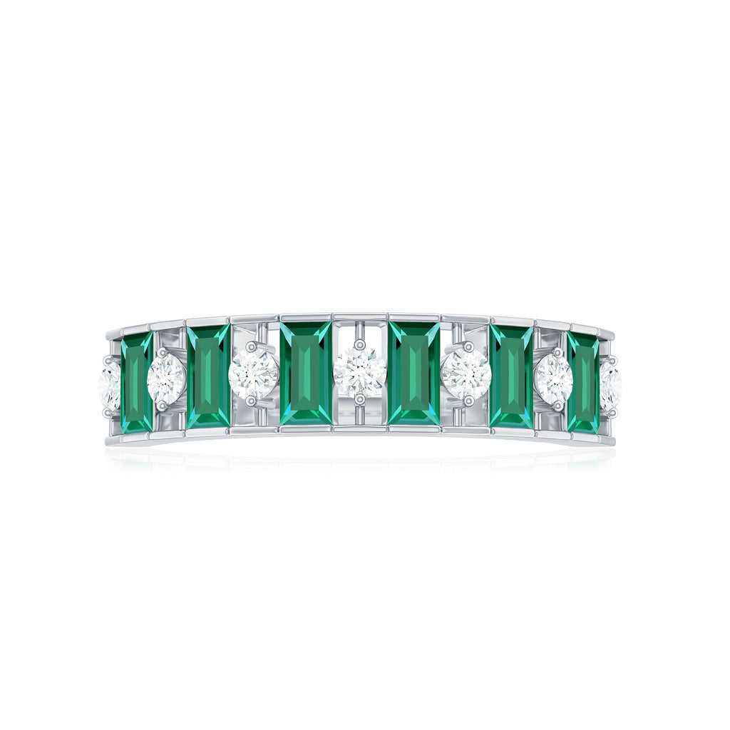 Baguette Cut Created Emerald Classic Half Eternity Ring with Diamond - Rosec Jewels