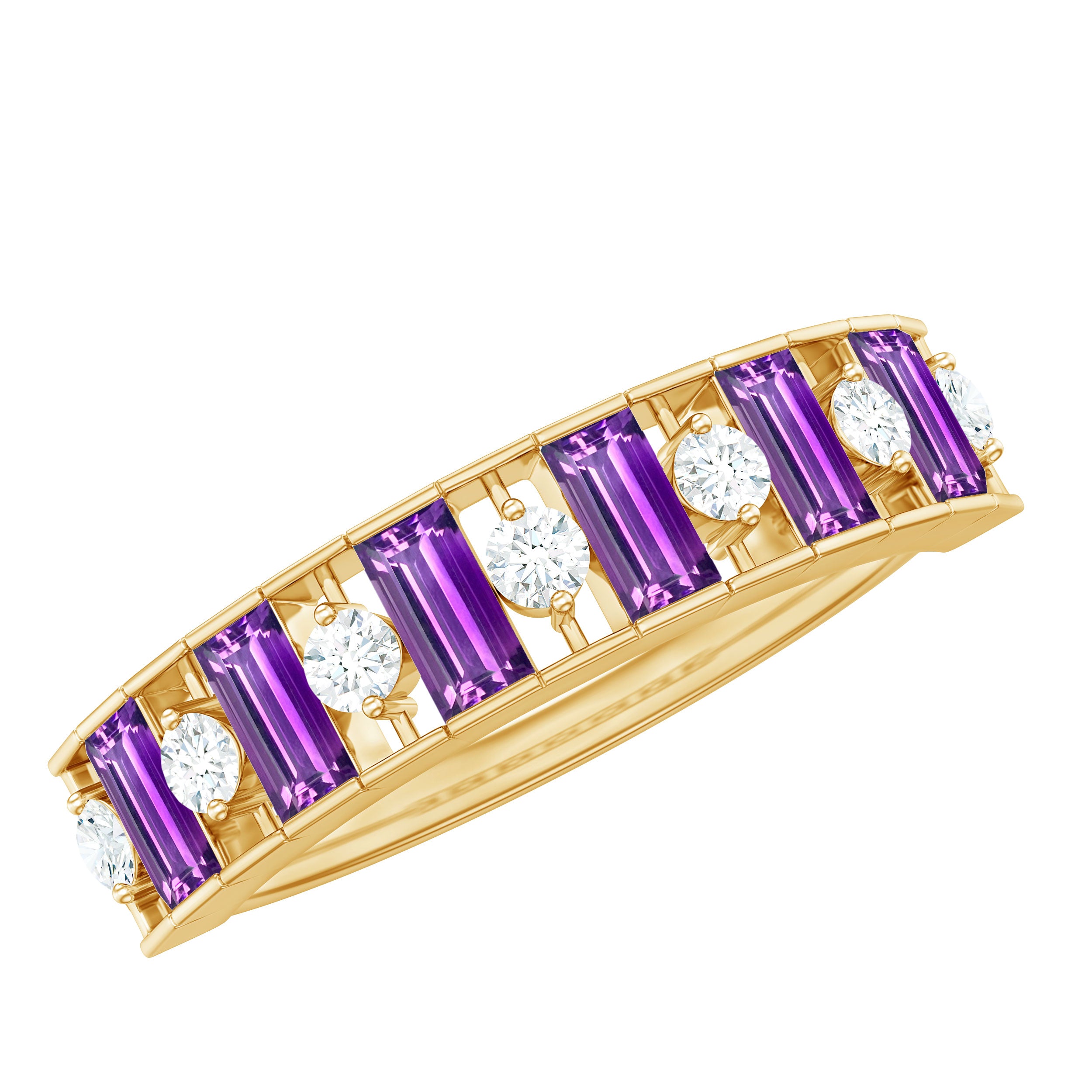 1.25 CT Baguette Cut Amethyst and Round Diamond Wide Band Ring Amethyst - ( AAA ) - Quality - Rosec Jewels