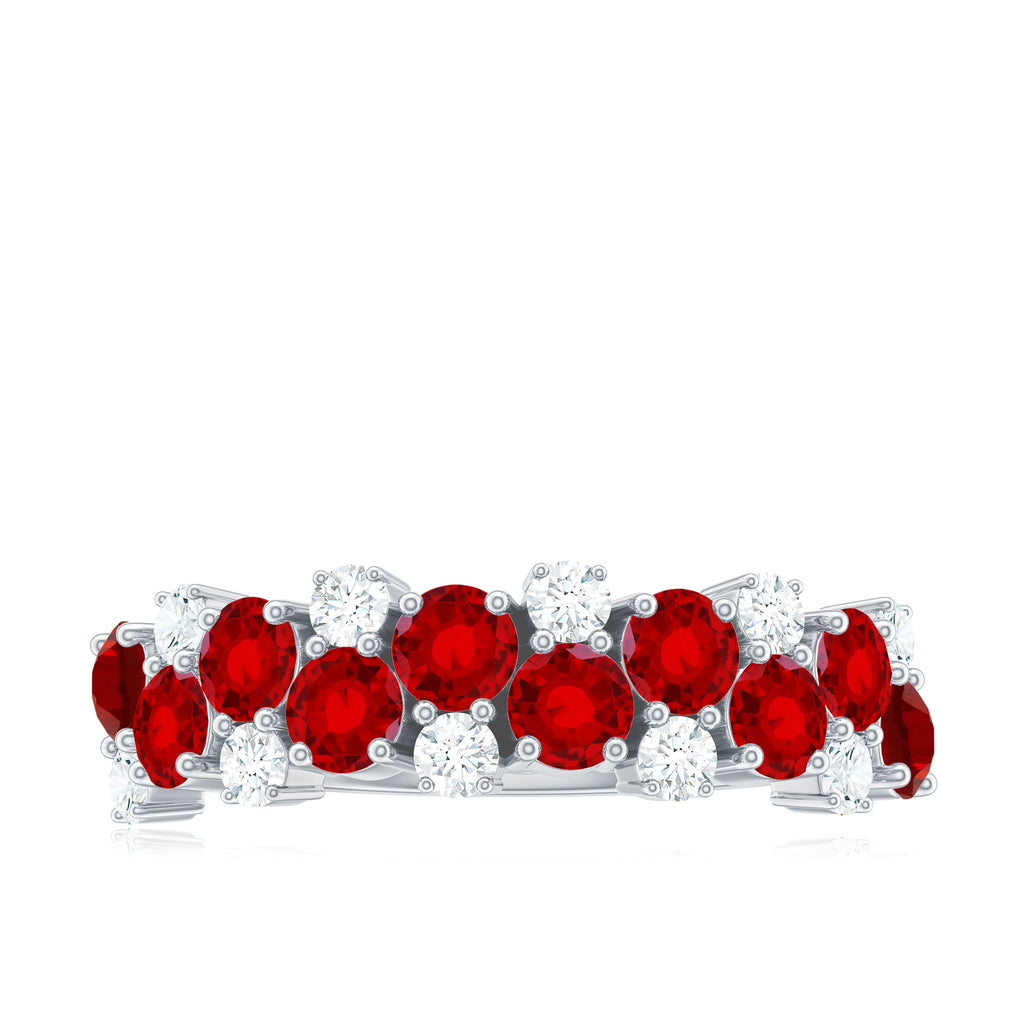 2 CT Round Created Ruby and Moissanite Cluster Half Eternity Ring Lab Created Ruby - ( AAAA ) - Quality - Rosec Jewels