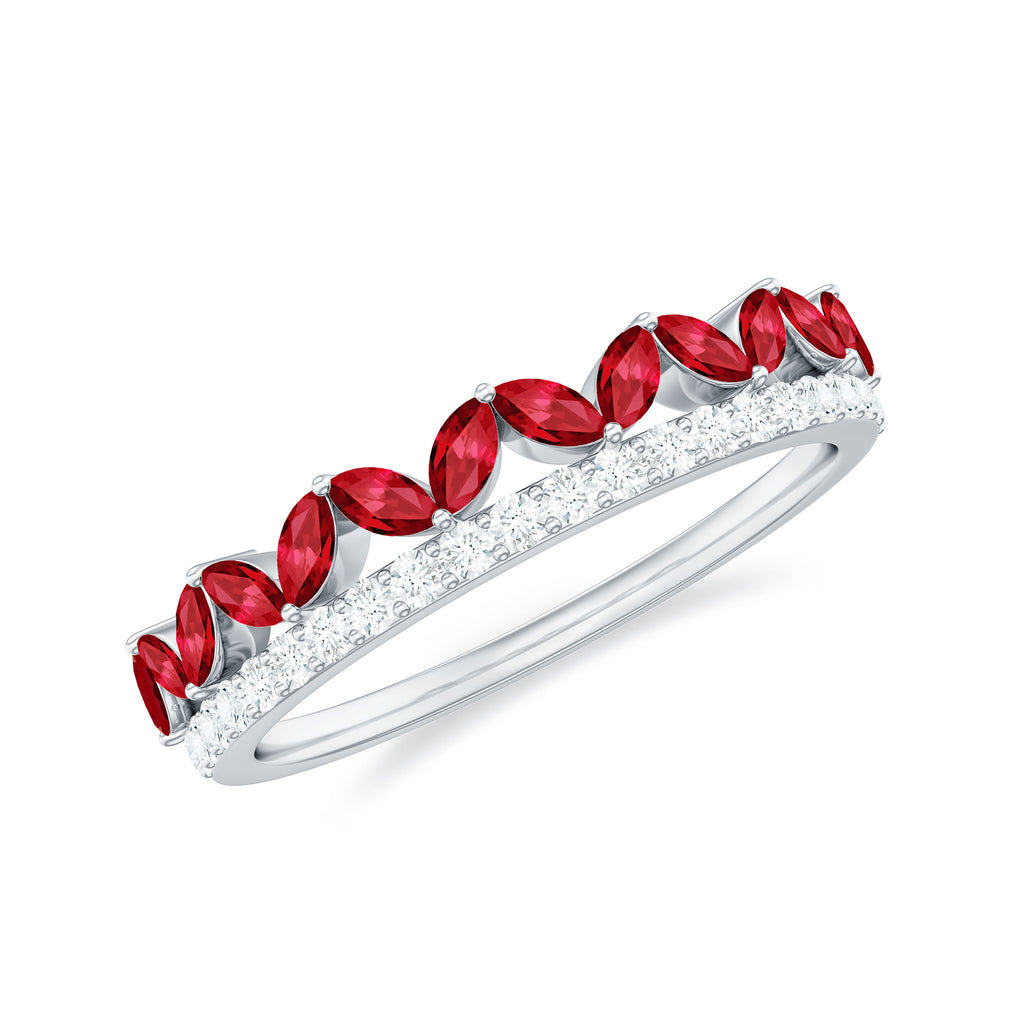 Marquise Cut Created Ruby Half Eternity Stackable Ring with Diamond Lab Created Ruby - ( AAAA ) - Quality - Rosec Jewels
