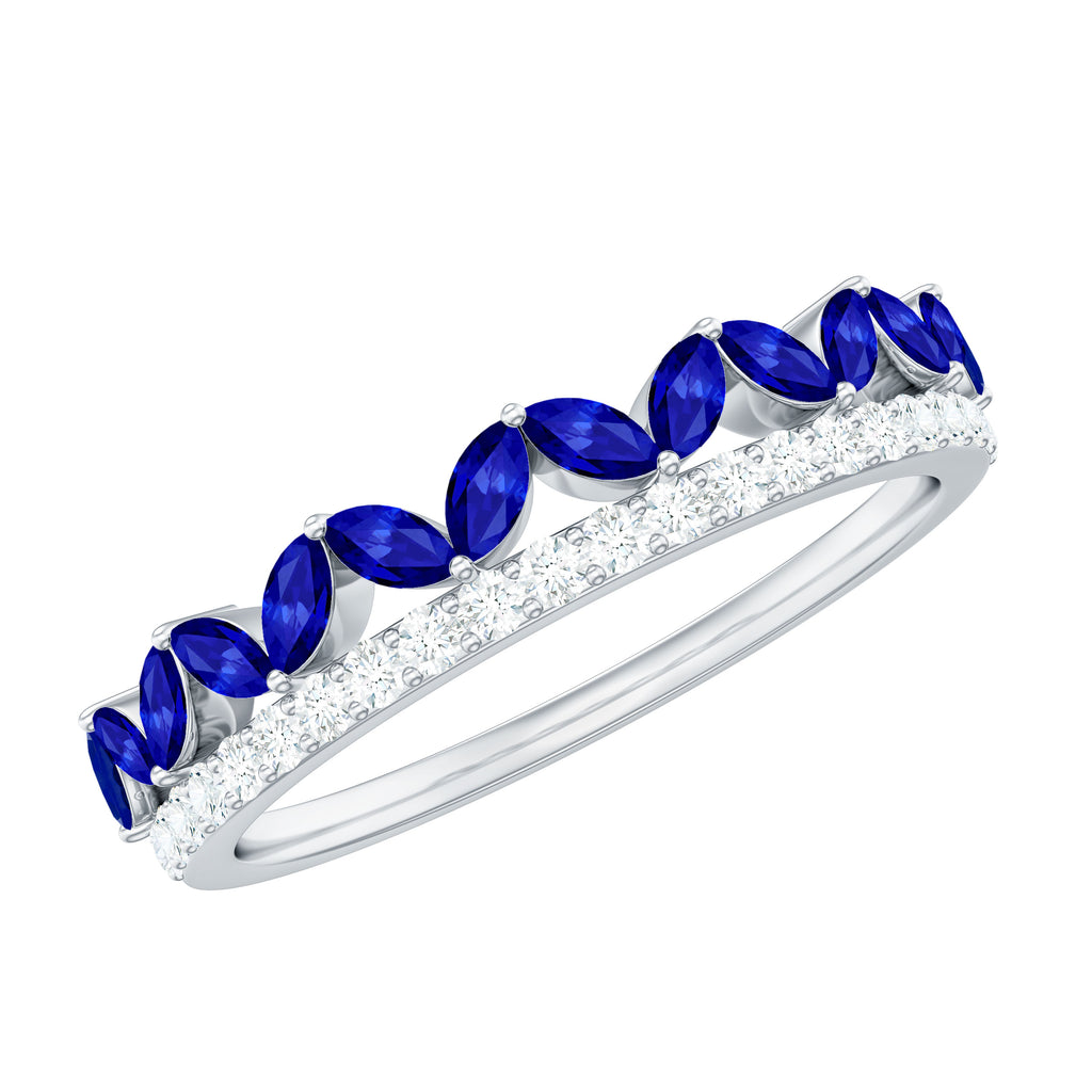 Marquise Cut Created Blue Sapphire Half Eternity Stackable Ring with Diamond Lab Created Blue Sapphire - ( AAAA ) - Quality - Rosec Jewels