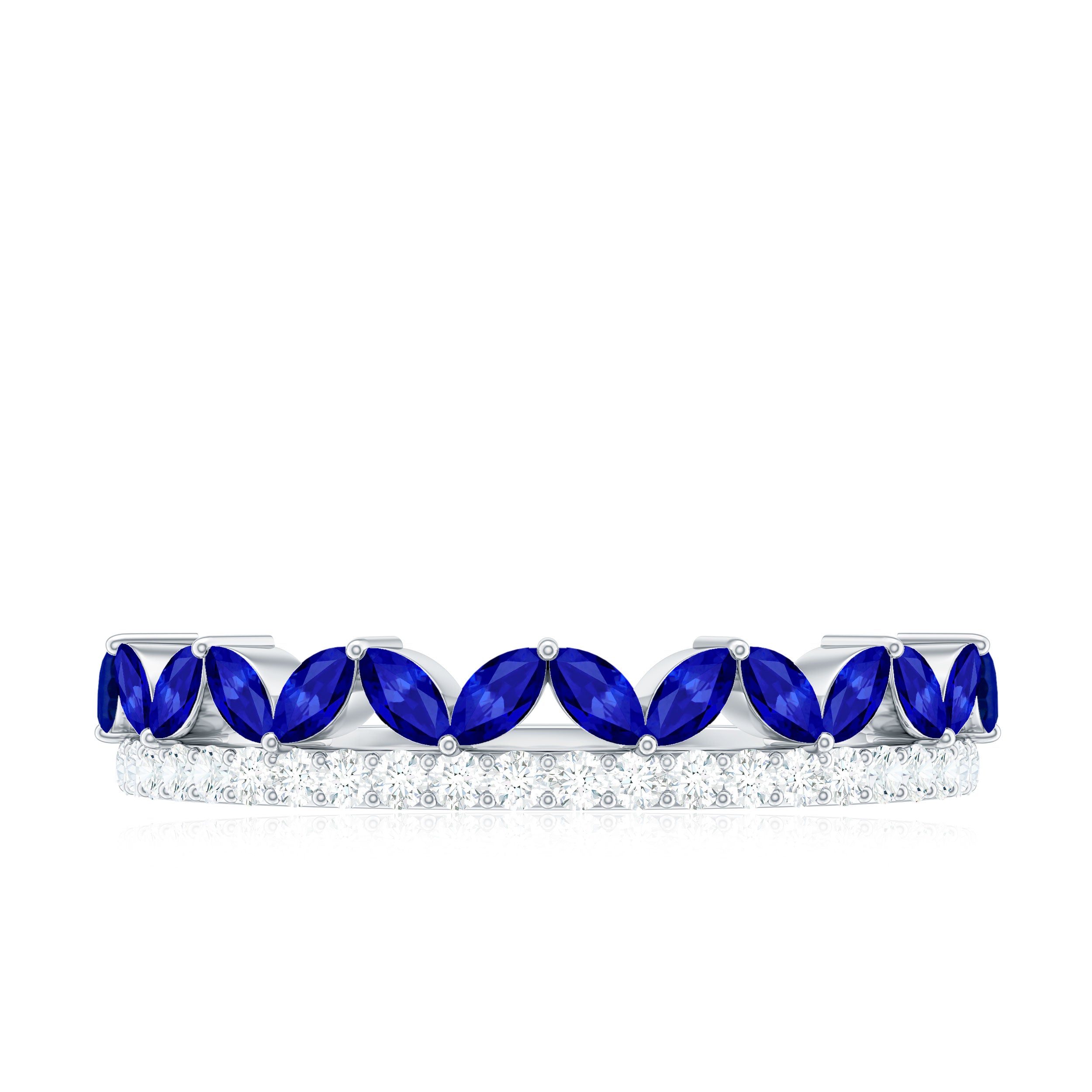 Marquise Cut Created Blue Sapphire Half Eternity Stackable Ring with Diamond Lab Created Blue Sapphire - ( AAAA ) - Quality - Rosec Jewels