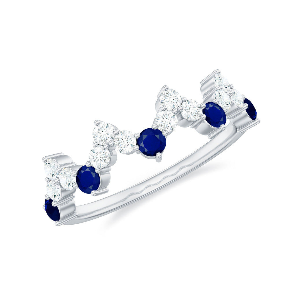 Blue Sapphire and Diamond Half Eternity Zigzag Ring Blue Sapphire - ( AAA ) - Quality - Rosec Jewels