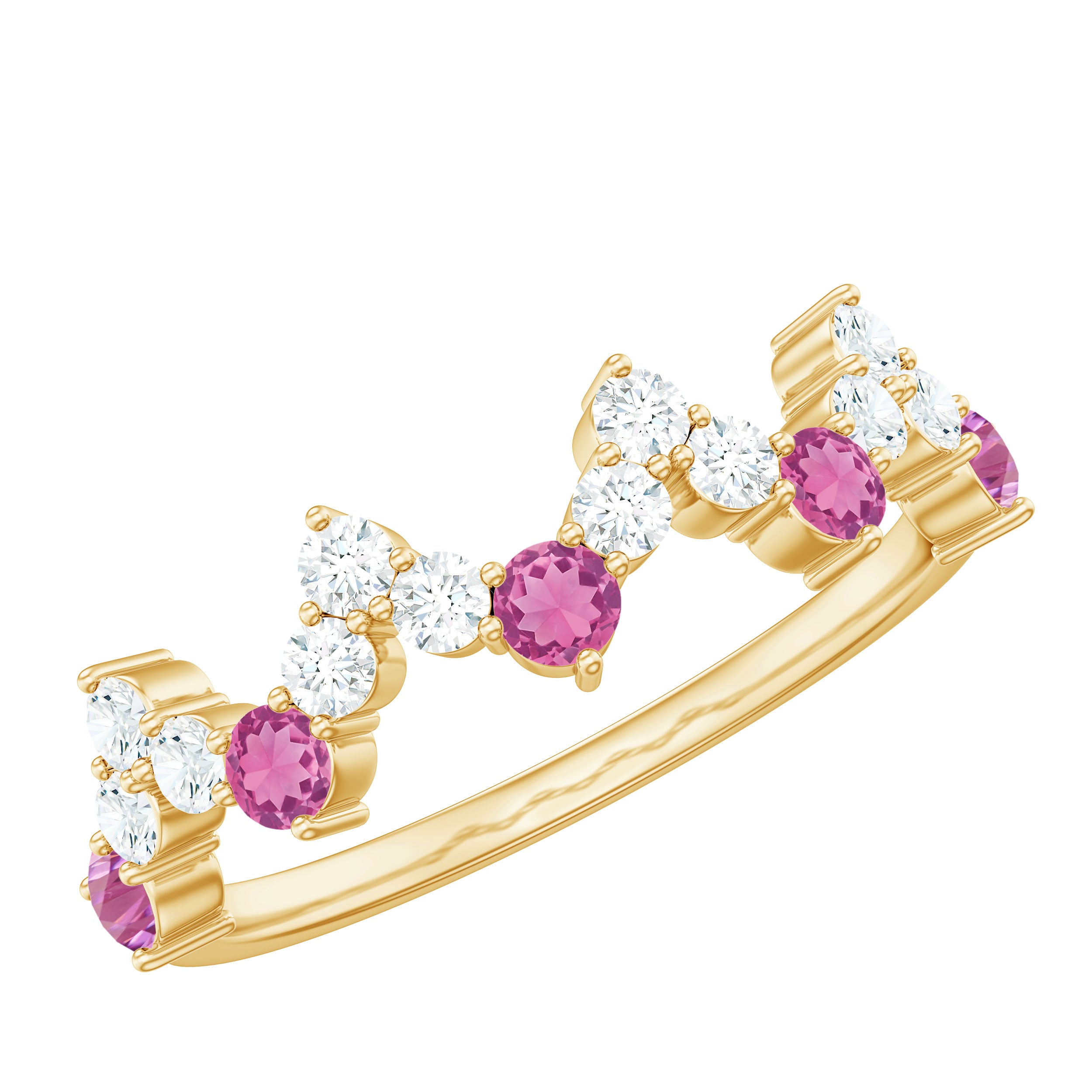 Zigzag Ring Half Eternity Ring with Pink Tourmaline and Diamond Pink Tourmaline - ( AAA ) - Quality - Rosec Jewels