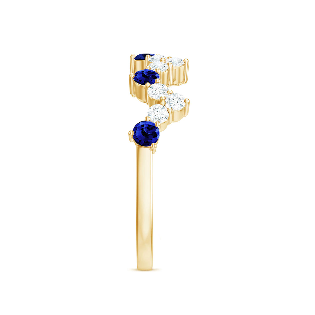 Created Blue Sapphire and Diamond Zig Zag Half Eternity Ring Lab Created Blue Sapphire - ( AAAA ) - Quality - Rosec Jewels