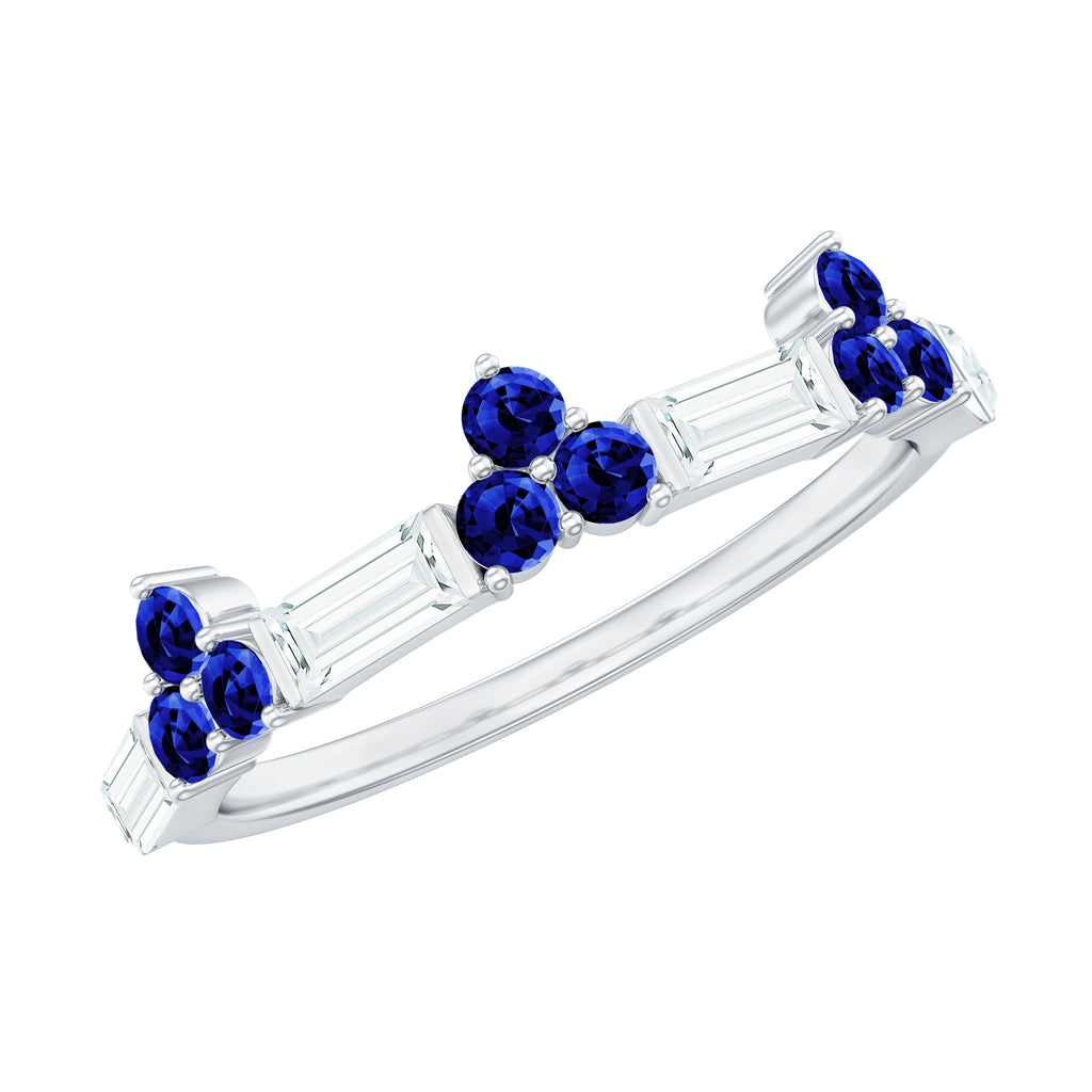 Created Blue Sapphire and Moissanite Minimal Wedding Band Ring Lab Created Blue Sapphire - ( AAAA ) - Quality - Rosec Jewels