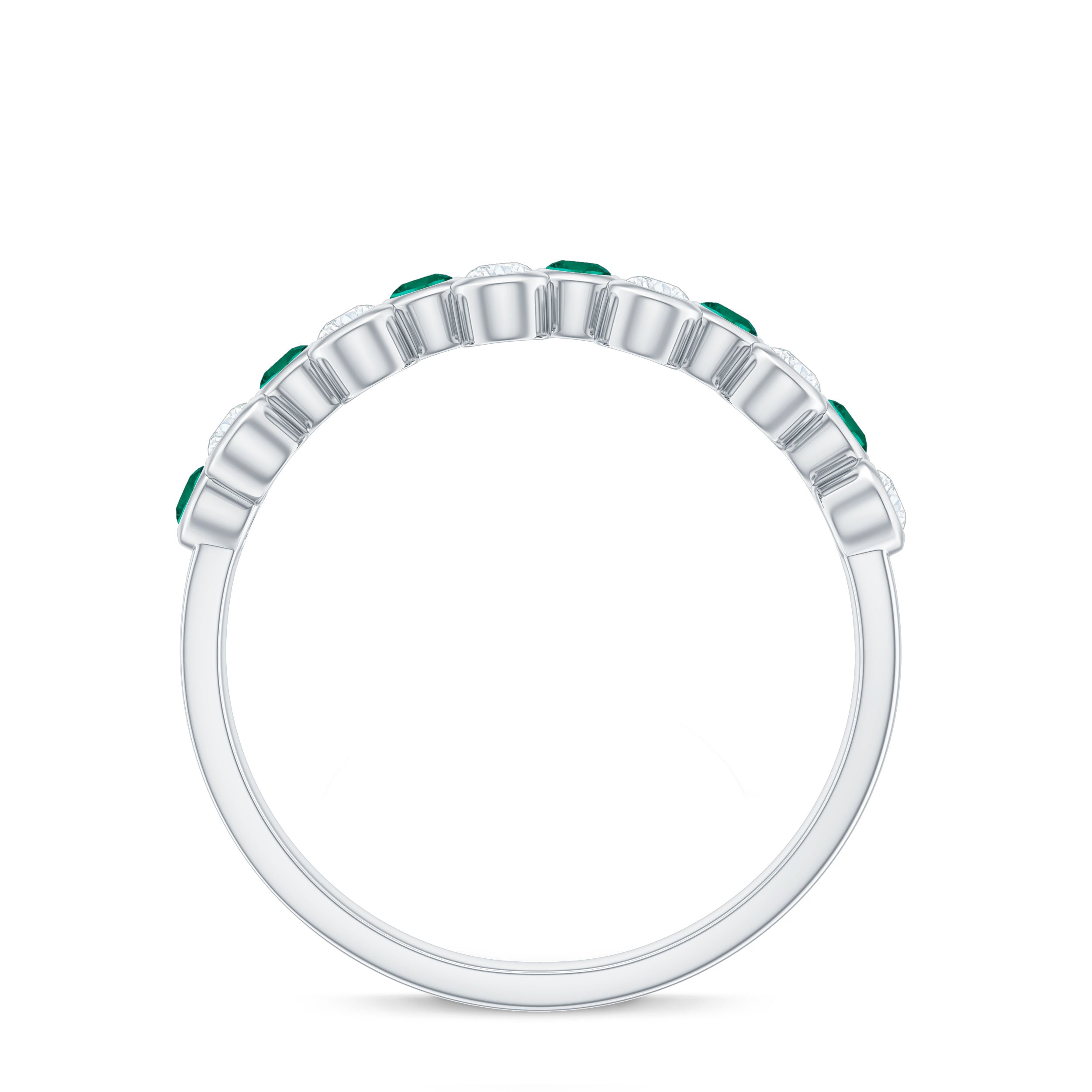 Simple Bezel Set Round Created Emerald and Moissanite Half Eternity Ring Lab Created Emerald - ( AAAA ) - Quality - Rosec Jewels