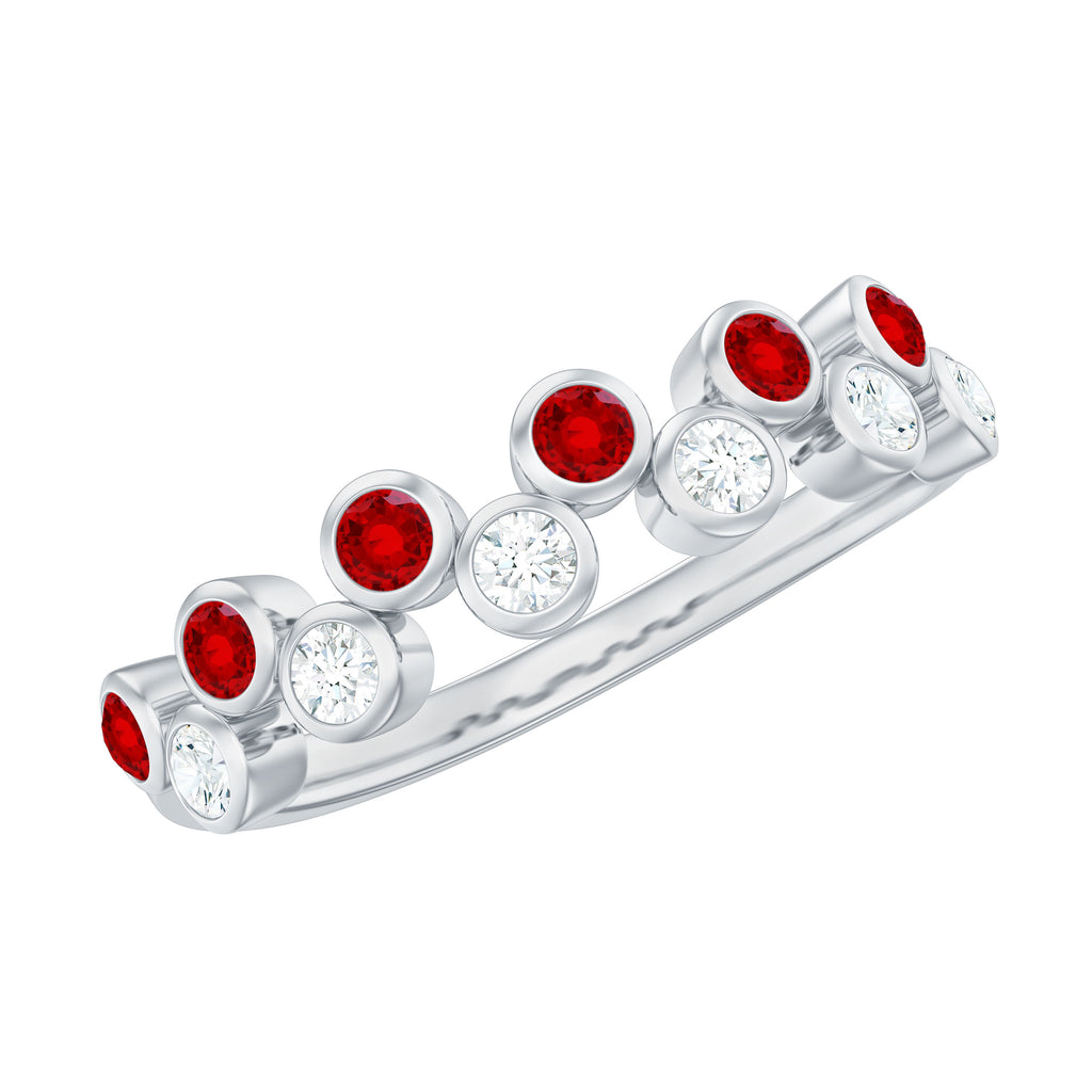 Simple Bezel Set Round Created Ruby and Moissanite Half Eternity Ring Lab Created Ruby - ( AAAA ) - Quality - Rosec Jewels