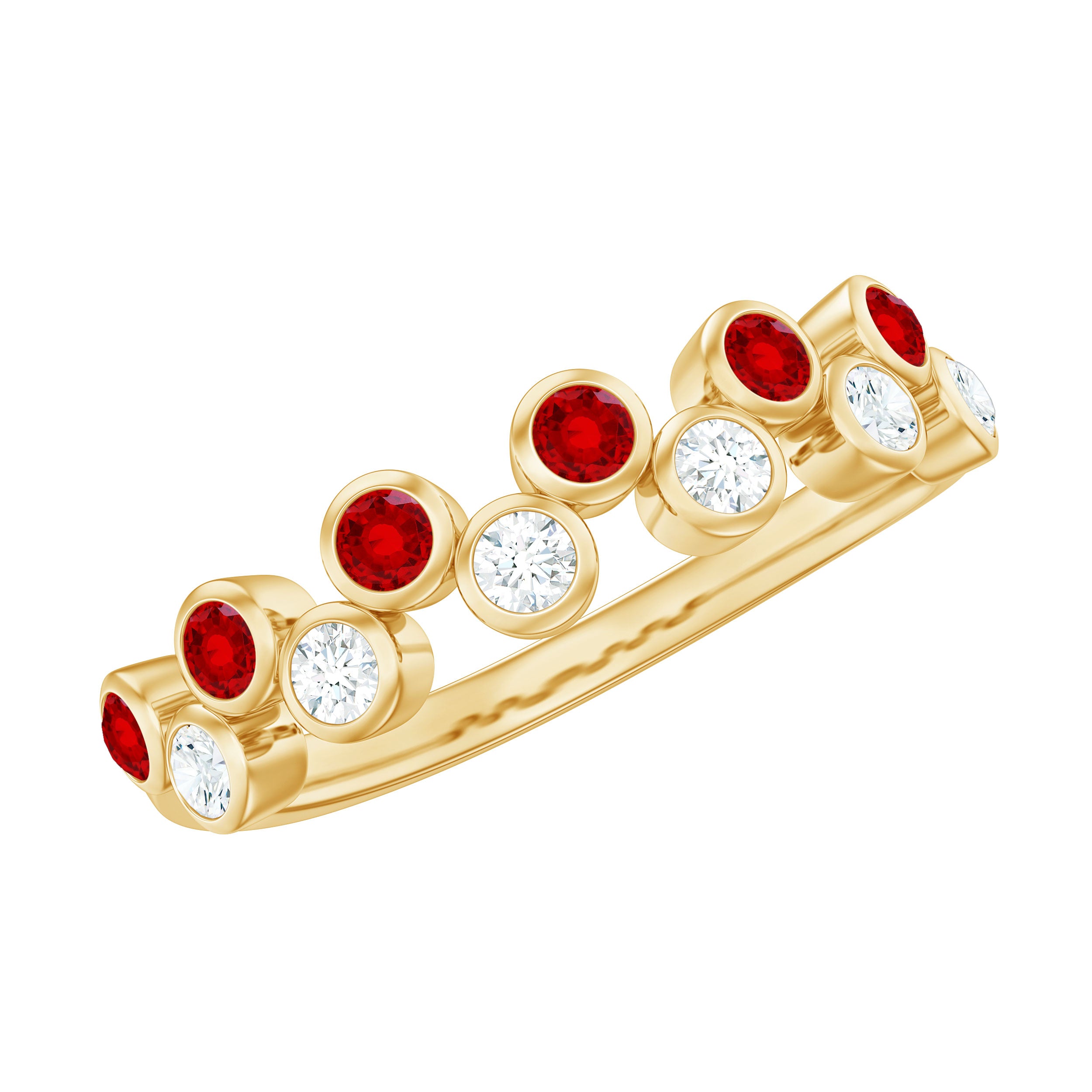 Simple Bezel Set Round Created Ruby and Moissanite Half Eternity Ring Lab Created Ruby - ( AAAA ) - Quality - Rosec Jewels