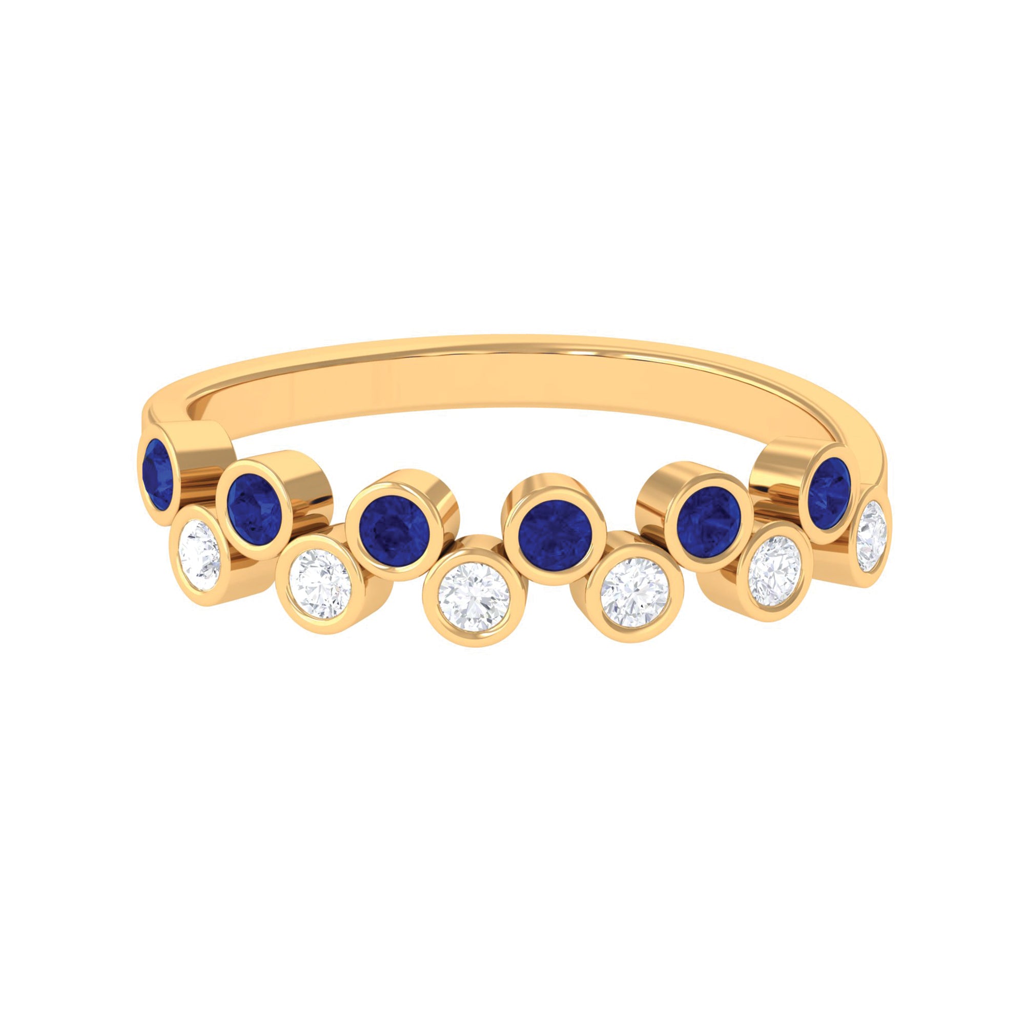 Simple Bezel Set Round Created Blue Sapphire and Moissanite Half Eternity Ring Lab Created Blue Sapphire - ( AAAA ) - Quality - Rosec Jewels