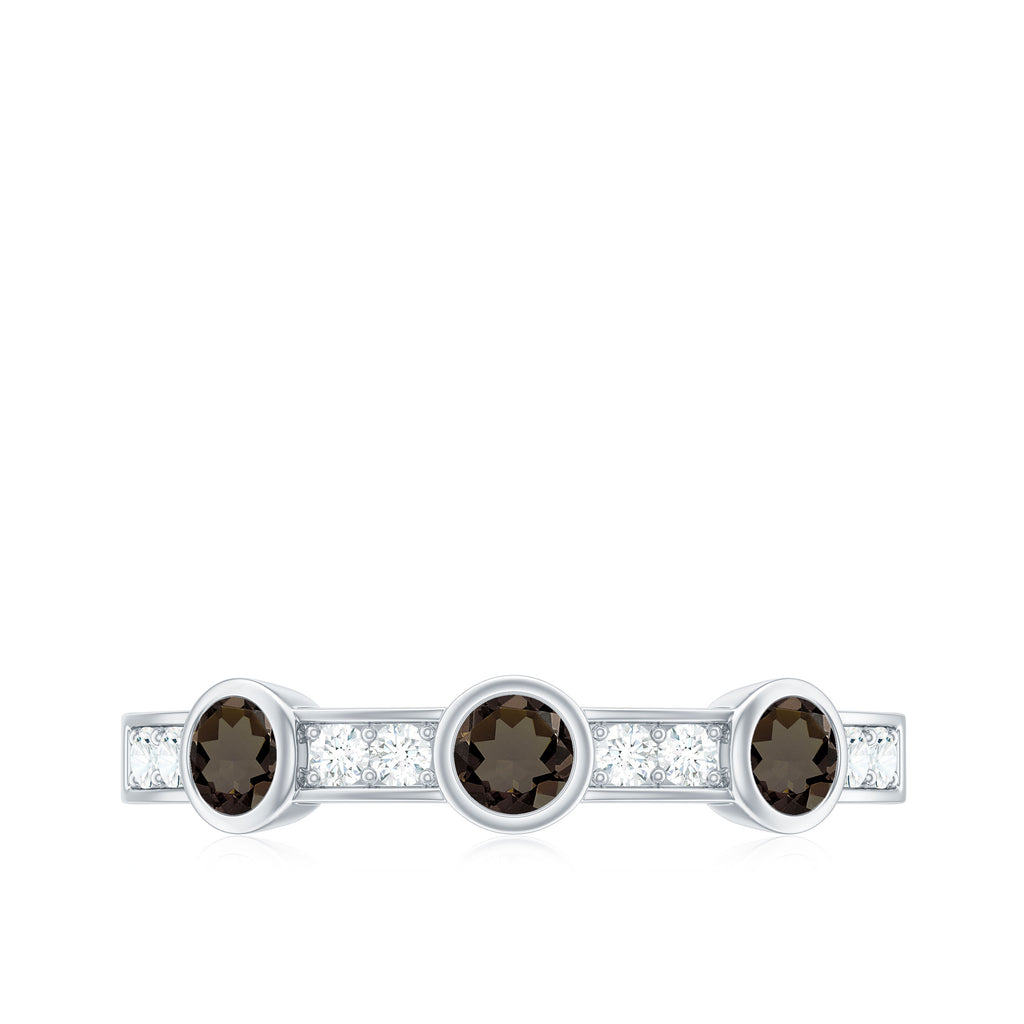 Minimal Half Eternity Band Ring with Smoky Quartz and Diamond Smoky Quartz - ( AAA ) - Quality - Rosec Jewels