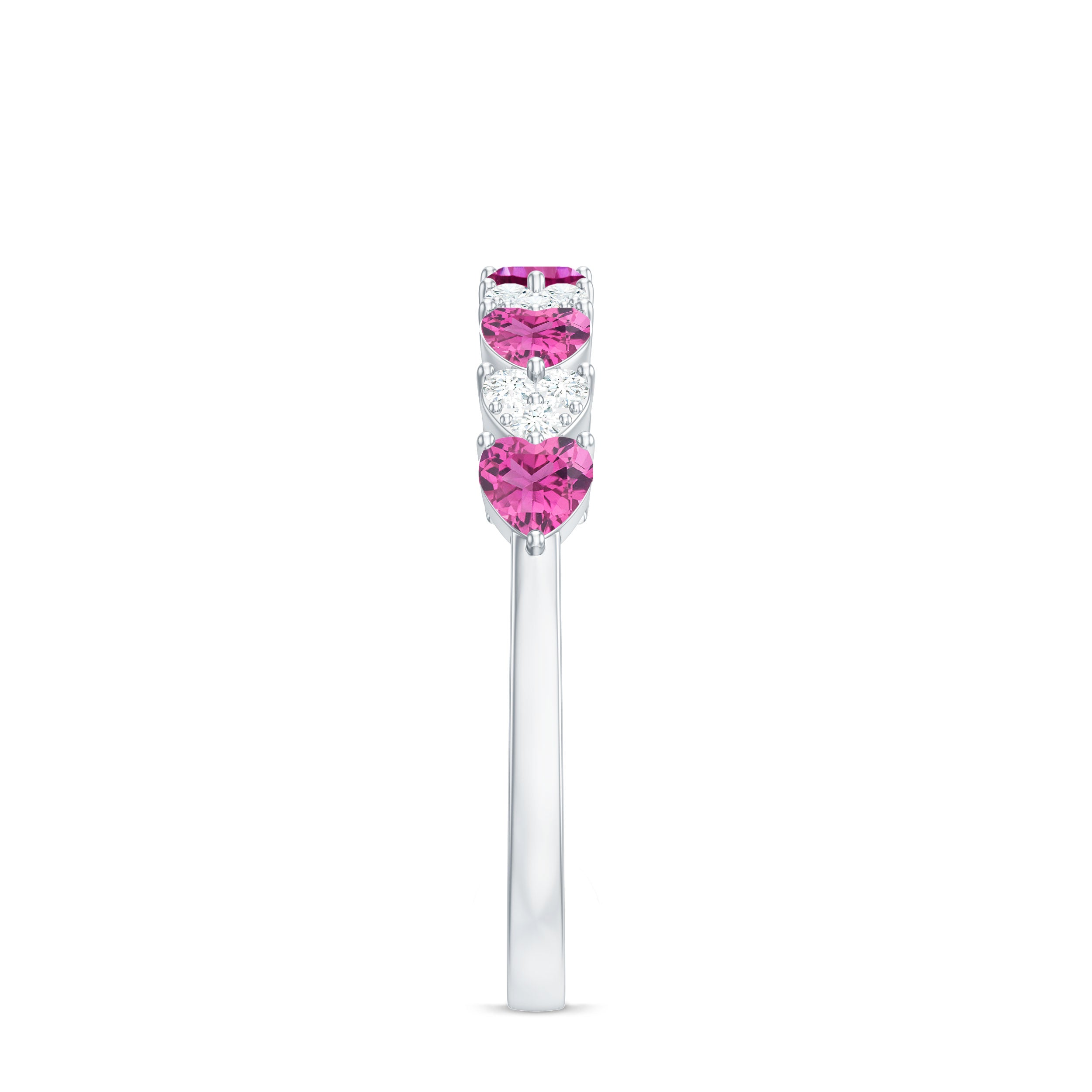 Heart Shape Half Eternity Ring with Pink Tourmaline and Diamond Pink Tourmaline - ( AAA ) - Quality - Rosec Jewels