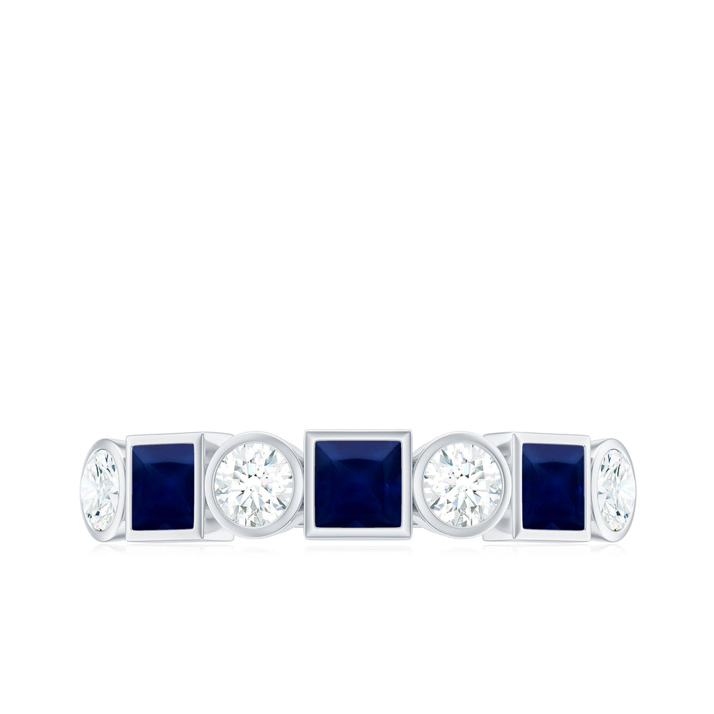 Blue Sapphire and Diamond Half Eternity Ring in Bezel Setting Blue Sapphire - ( AAA ) - Quality - Rosec Jewels