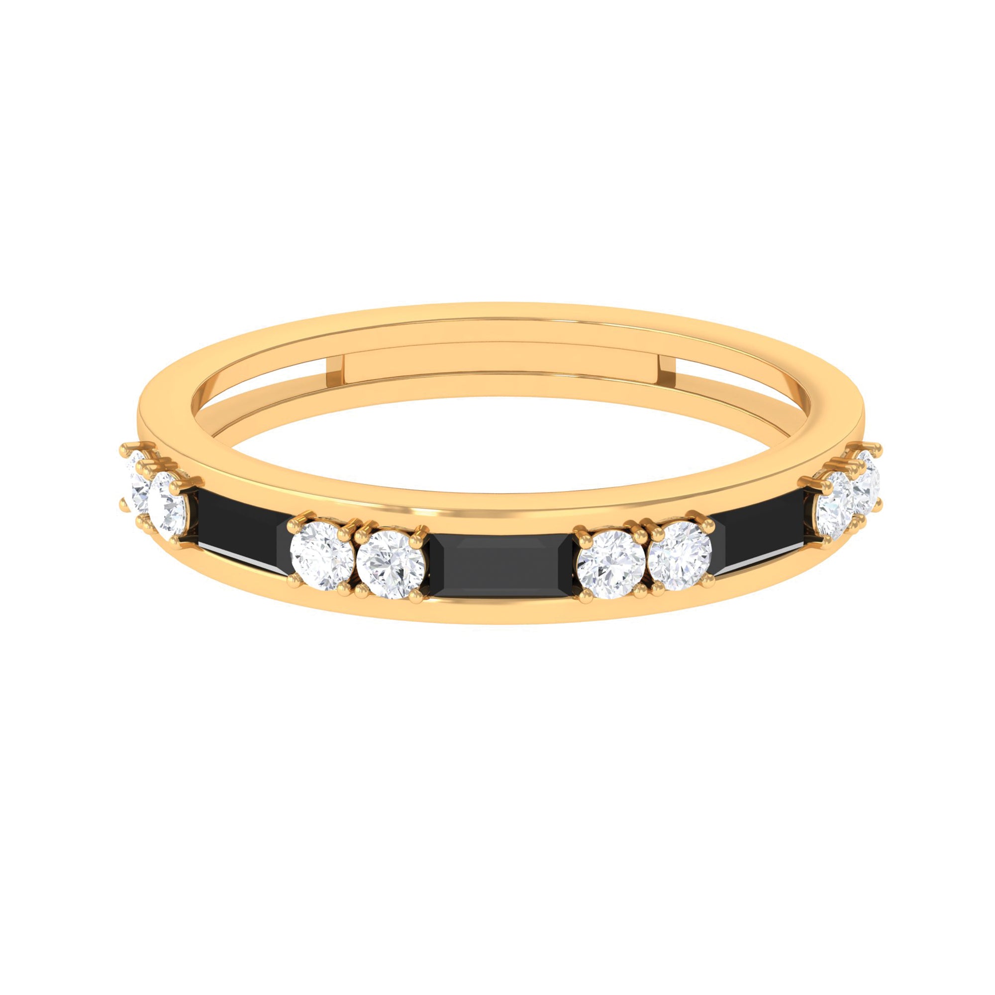 Baguette Cut Black Onyx Half Eternity Ring with Diamond Black Onyx - ( AAA ) - Quality - Rosec Jewels