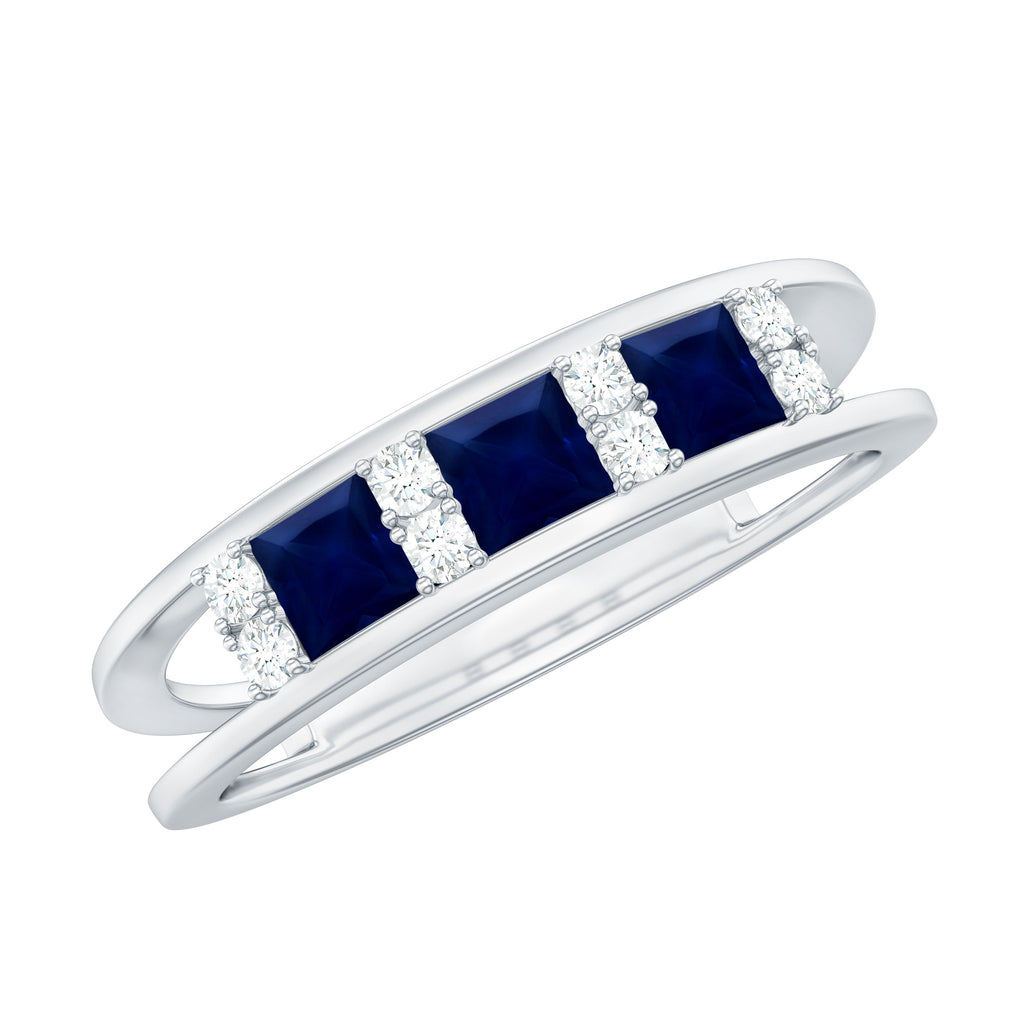 Blue Sapphire Band Ring with Diamond Blue Sapphire - ( AAA ) - Quality - Rosec Jewels