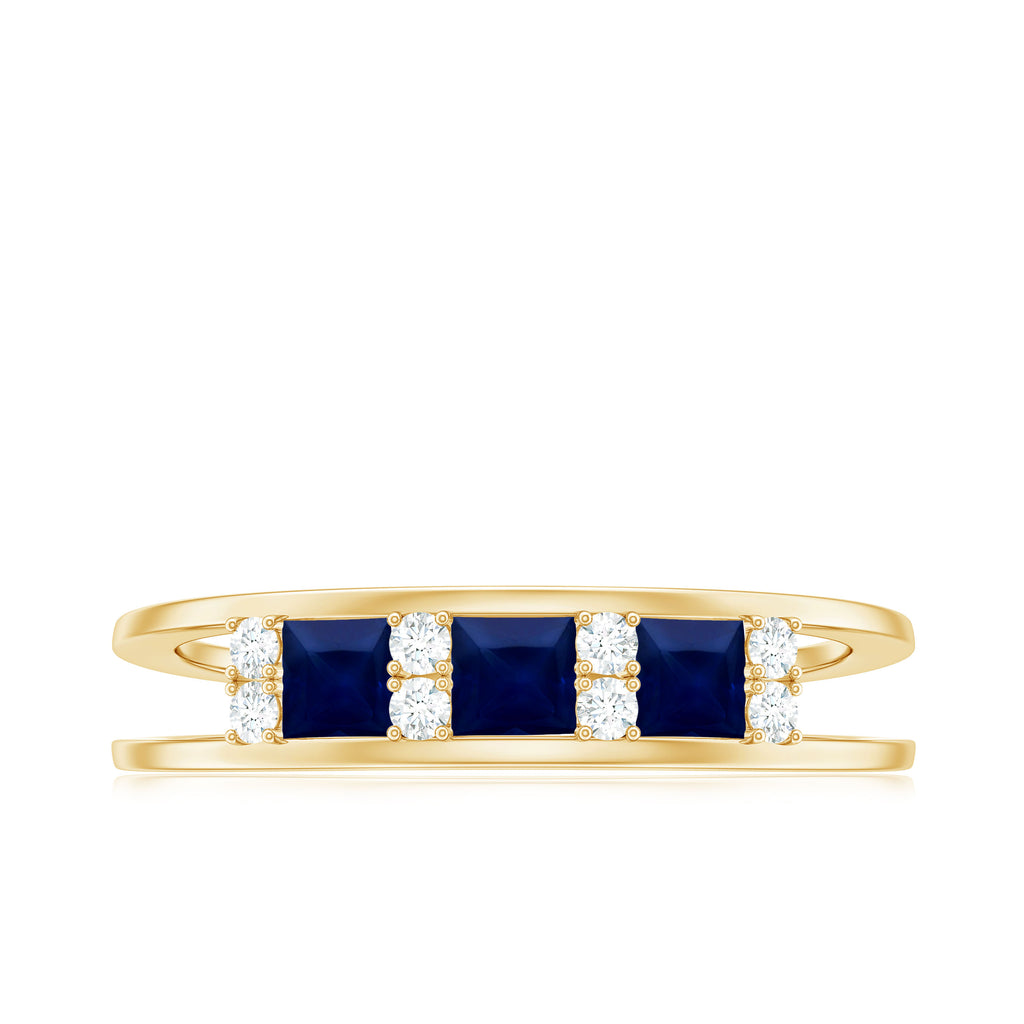 Blue Sapphire Band Ring with Diamond Blue Sapphire - ( AAA ) - Quality - Rosec Jewels