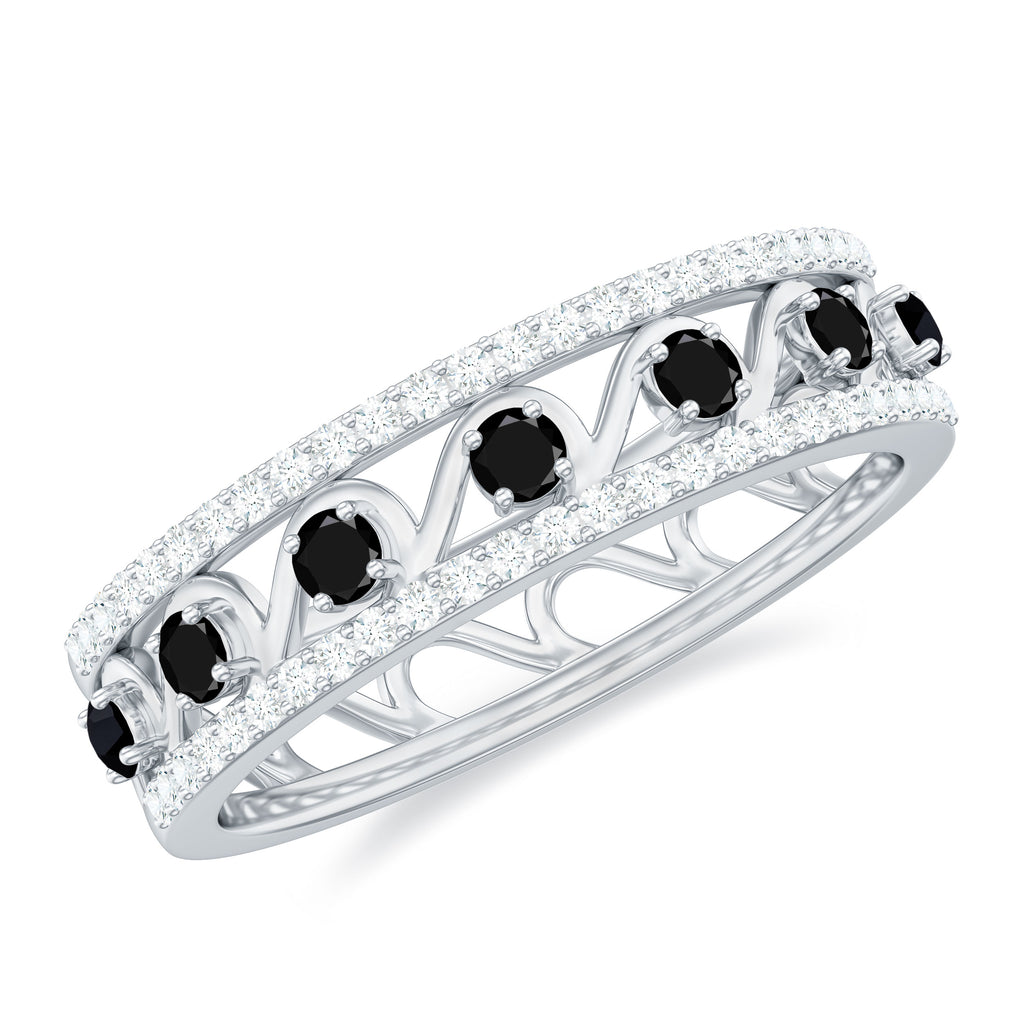 Certified Black Spinel Half Eternity Band Ring with Diamond Black Spinel - ( AAA ) - Quality - Rosec Jewels