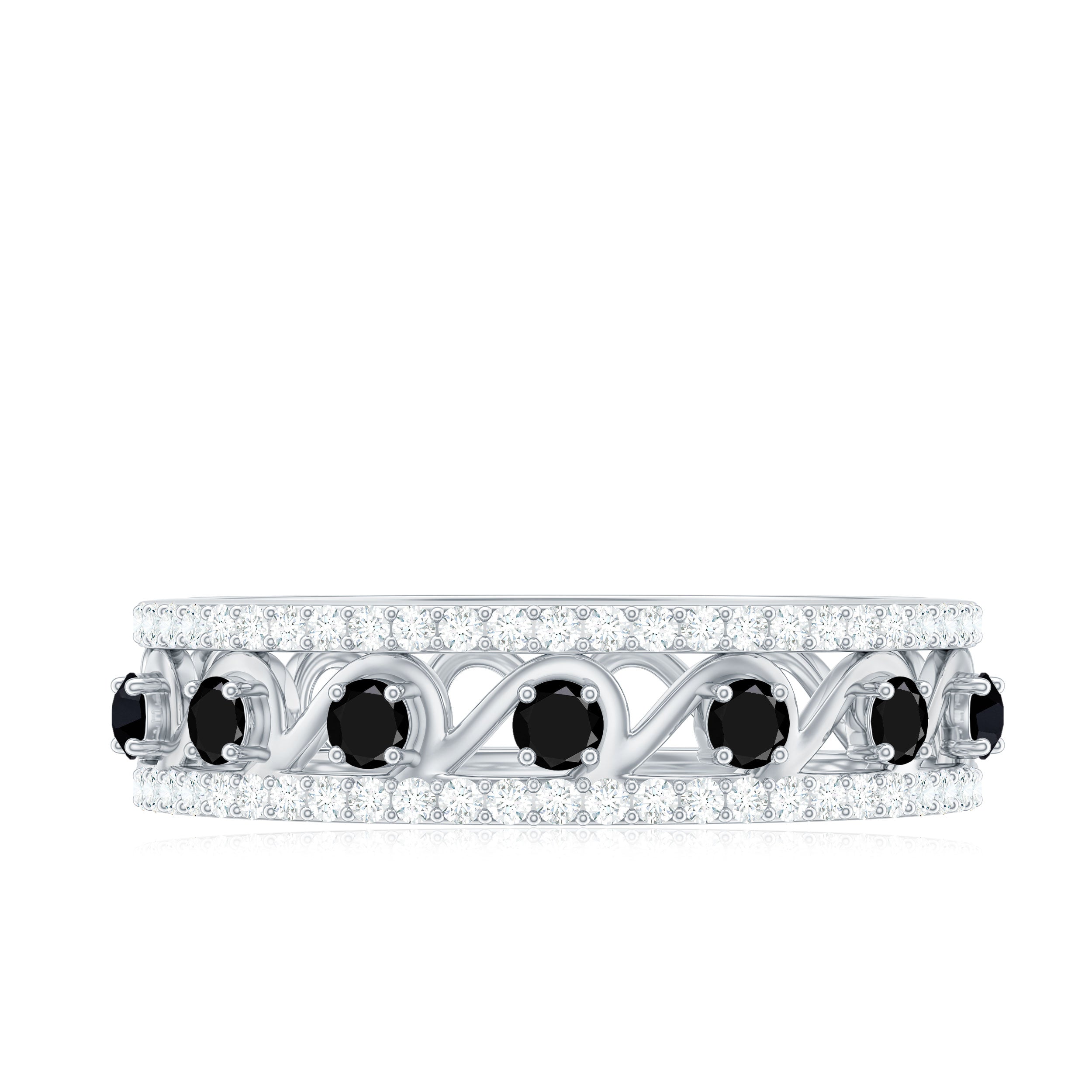 Certified Black Spinel Half Eternity Band Ring with Diamond Black Spinel - ( AAA ) - Quality - Rosec Jewels