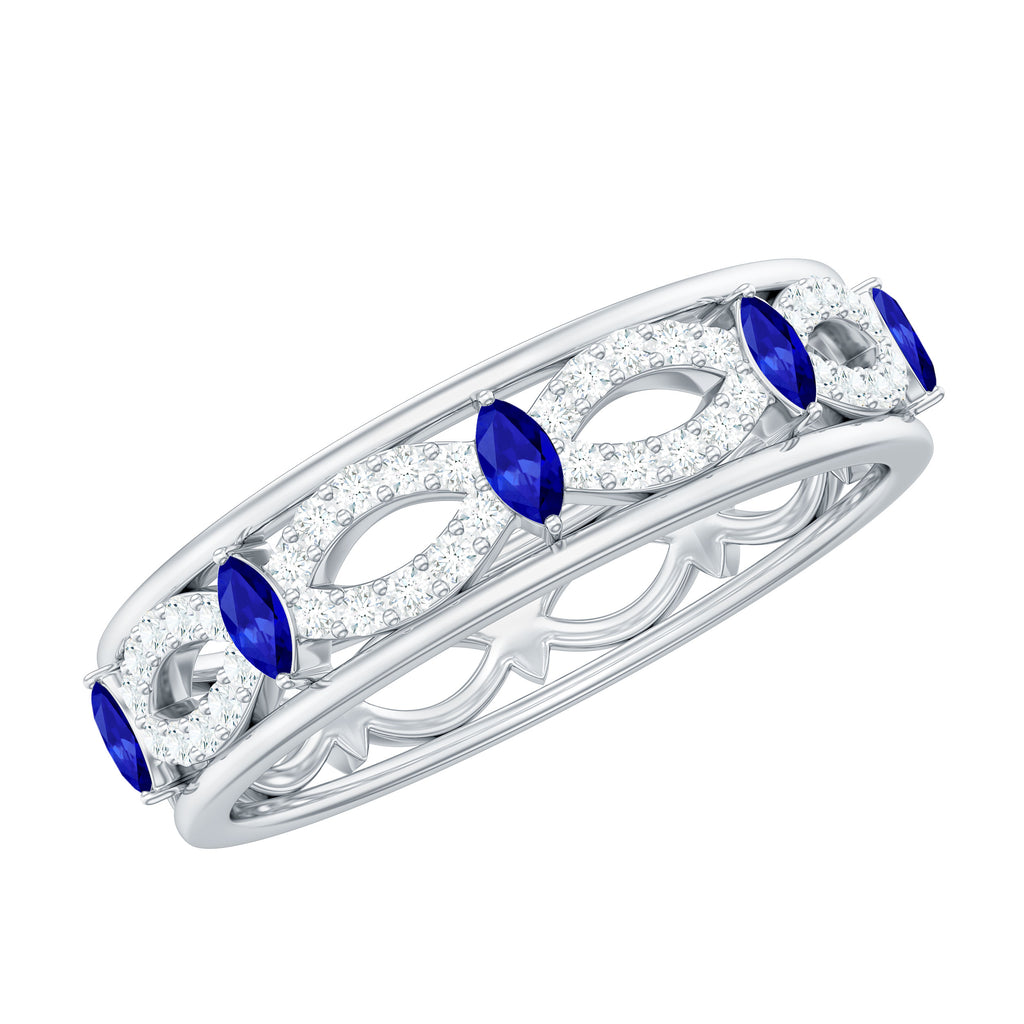 Marquise Created Blue Sapphire and Diamond Infinity Band Ring Lab Created Blue Sapphire - ( AAAA ) - Quality - Rosec Jewels
