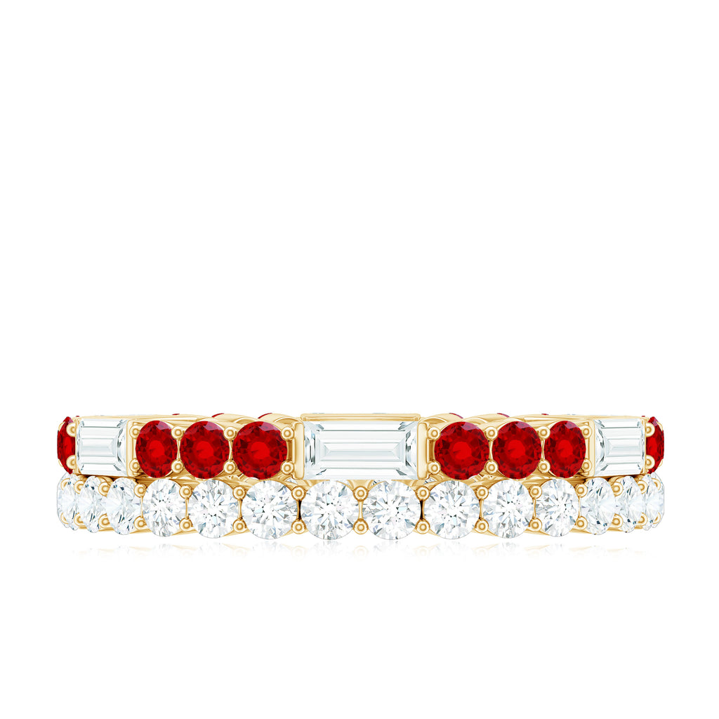 Classic Created Ruby and Moissanite Two Row Eternity Band Ring Lab Created Ruby - ( AAAA ) - Quality - Rosec Jewels