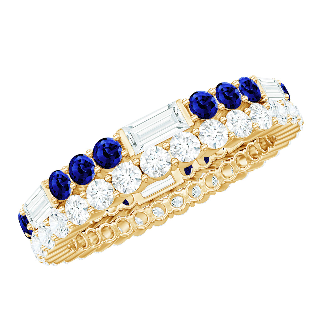 Classic Created Blue Sapphire and Moissanite Two Row Eternity Band Ring Lab Created Blue Sapphire - ( AAAA ) - Quality - Rosec Jewels