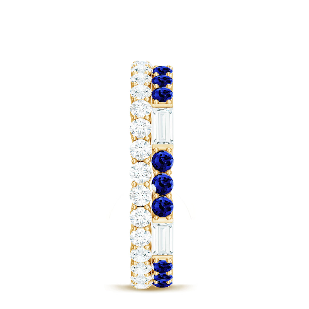 Classic Created Blue Sapphire and Moissanite Two Row Eternity Band Ring Lab Created Blue Sapphire - ( AAAA ) - Quality - Rosec Jewels