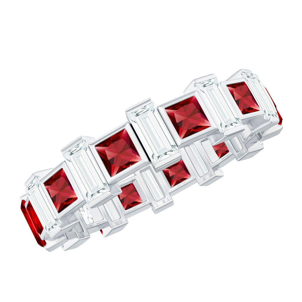 3 CT Princess Cut Created Ruby and Baguette Moissanite Alternate Eternity Ring Lab Created Ruby - ( AAAA ) - Quality - Rosec Jewels