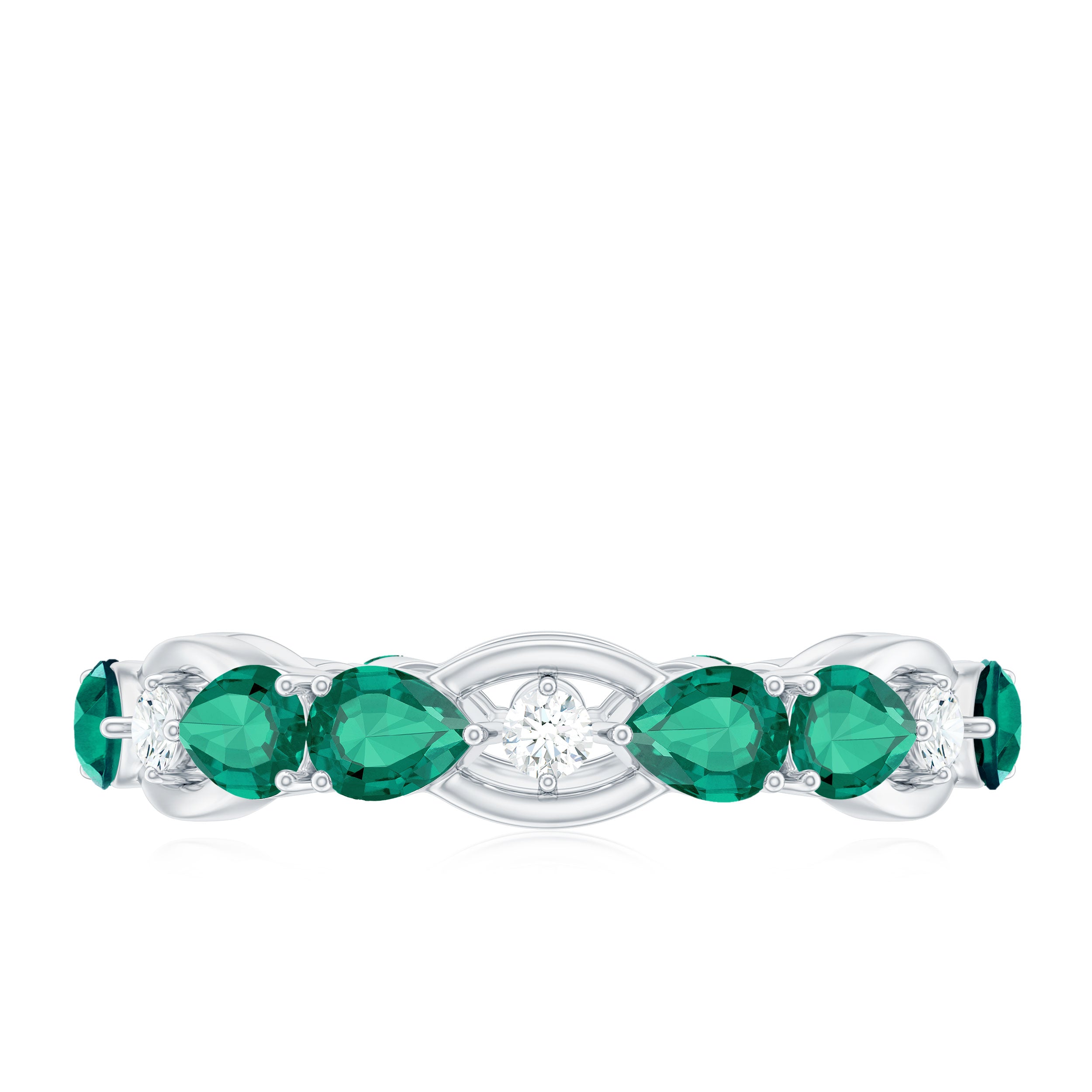 Pear Cut Created Emerald East West Gold Eternity Ring with Moissanite Lab Created Emerald - ( AAAA ) - Quality - Rosec Jewels