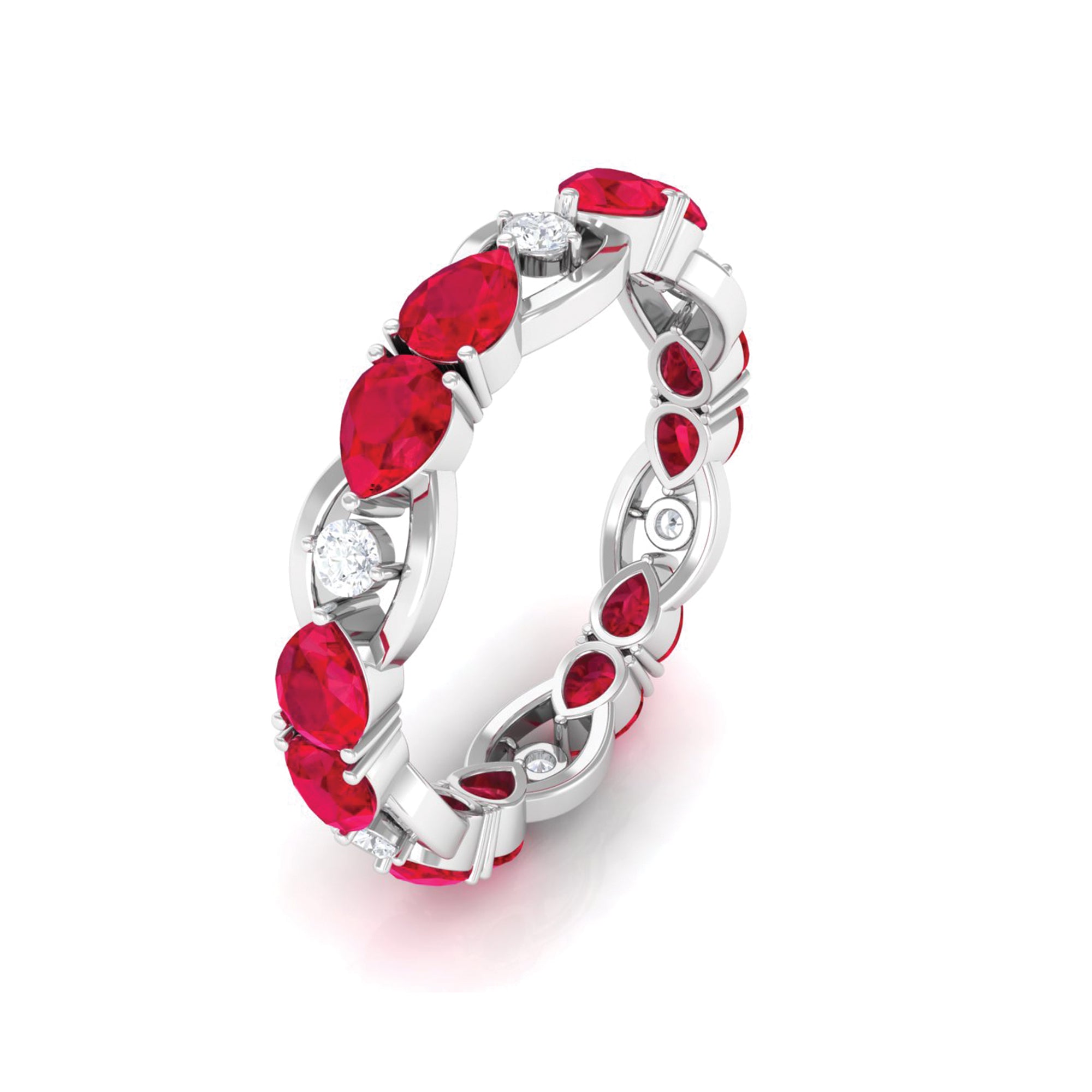 Pear Cut Created Ruby East West Gold Eternity Ring with Moissanite Lab Created Ruby - ( AAAA ) - Quality - Rosec Jewels