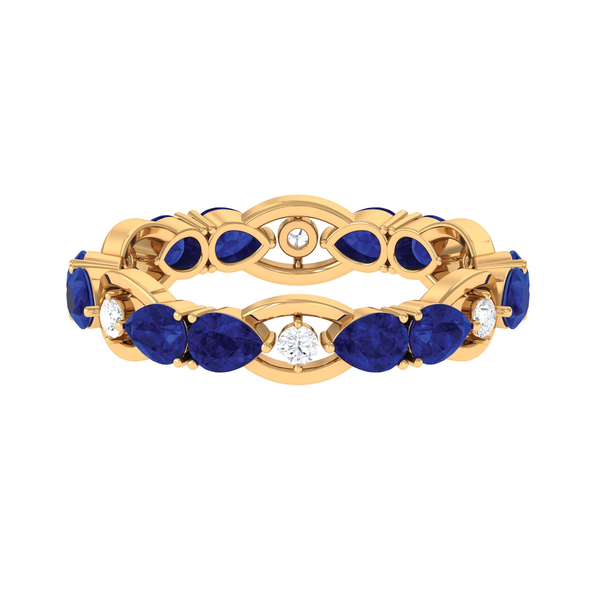 Pear Cut Created Blue Sapphire East West Gold Eternity Ring with Moissanite Lab Created Blue Sapphire - ( AAAA ) - Quality - Rosec Jewels