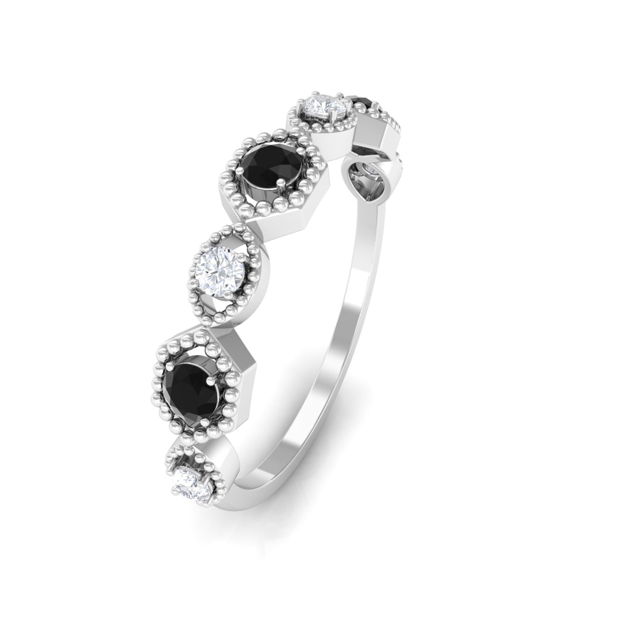 Black Onyx and Diamond Geometric Half Eternity Ring Black Onyx - ( AAA ) - Quality - Rosec Jewels