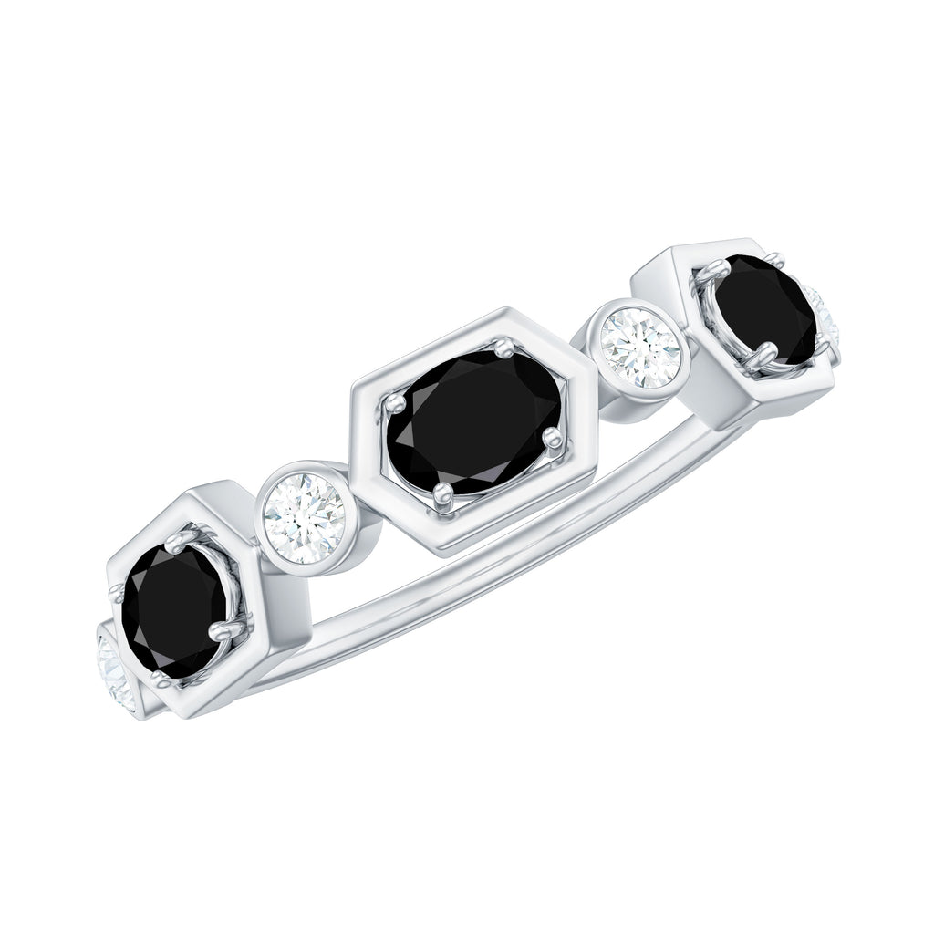 Oval Black Onyx Half Eternity Ring with Diamond Black Onyx - ( AAA ) - Quality - Rosec Jewels