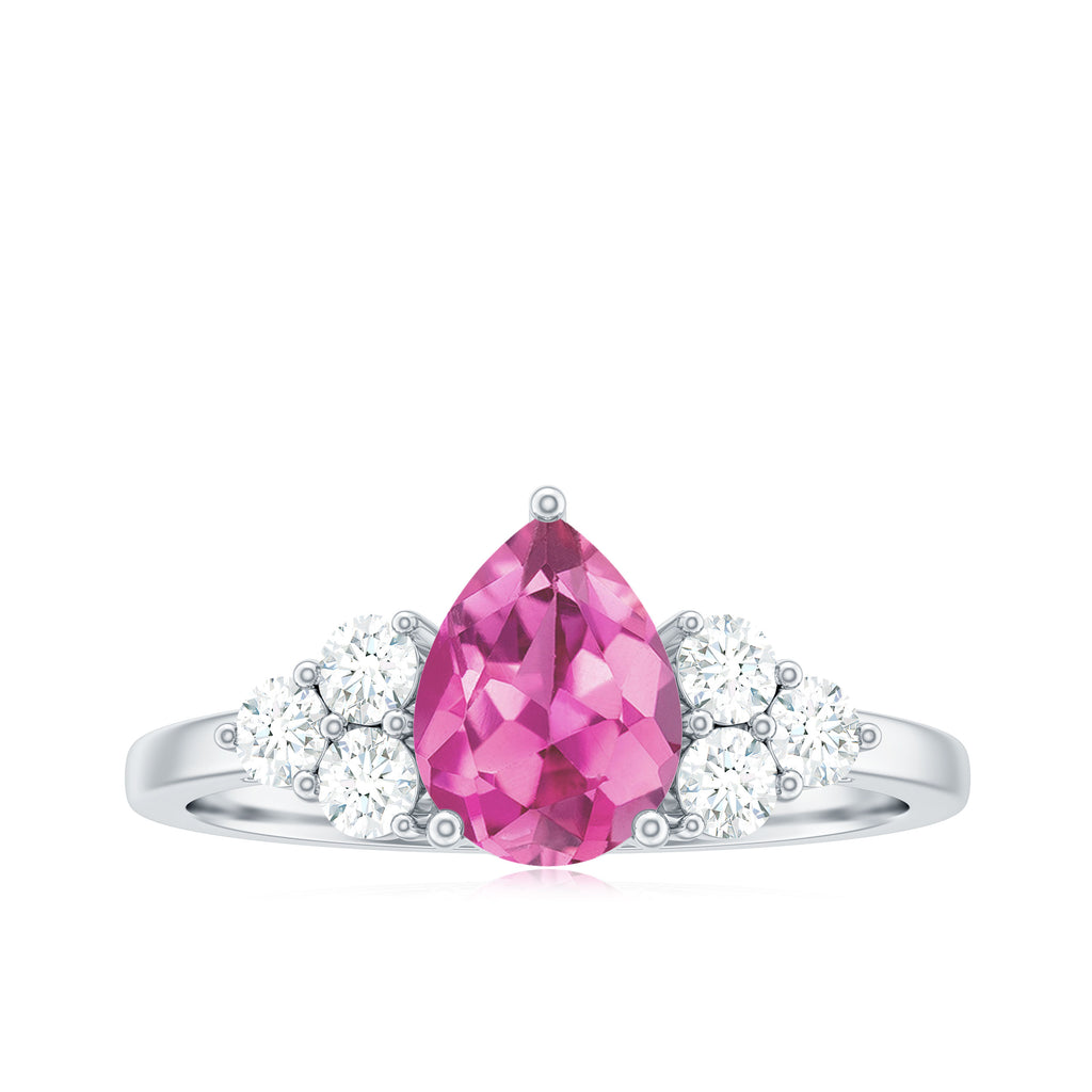 Pear Shaped Pink Tourmaline Solitaire Engagement Ring with Diamond Trio Pink Tourmaline - ( AAA ) - Quality - Rosec Jewels