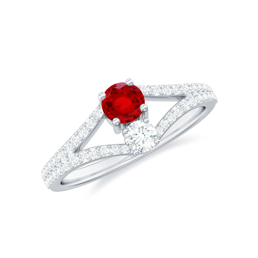 Created Ruby and Diamond Two Stone Split Shank Engagement Ring Lab Created Ruby - ( AAAA ) - Quality - Rosec Jewels